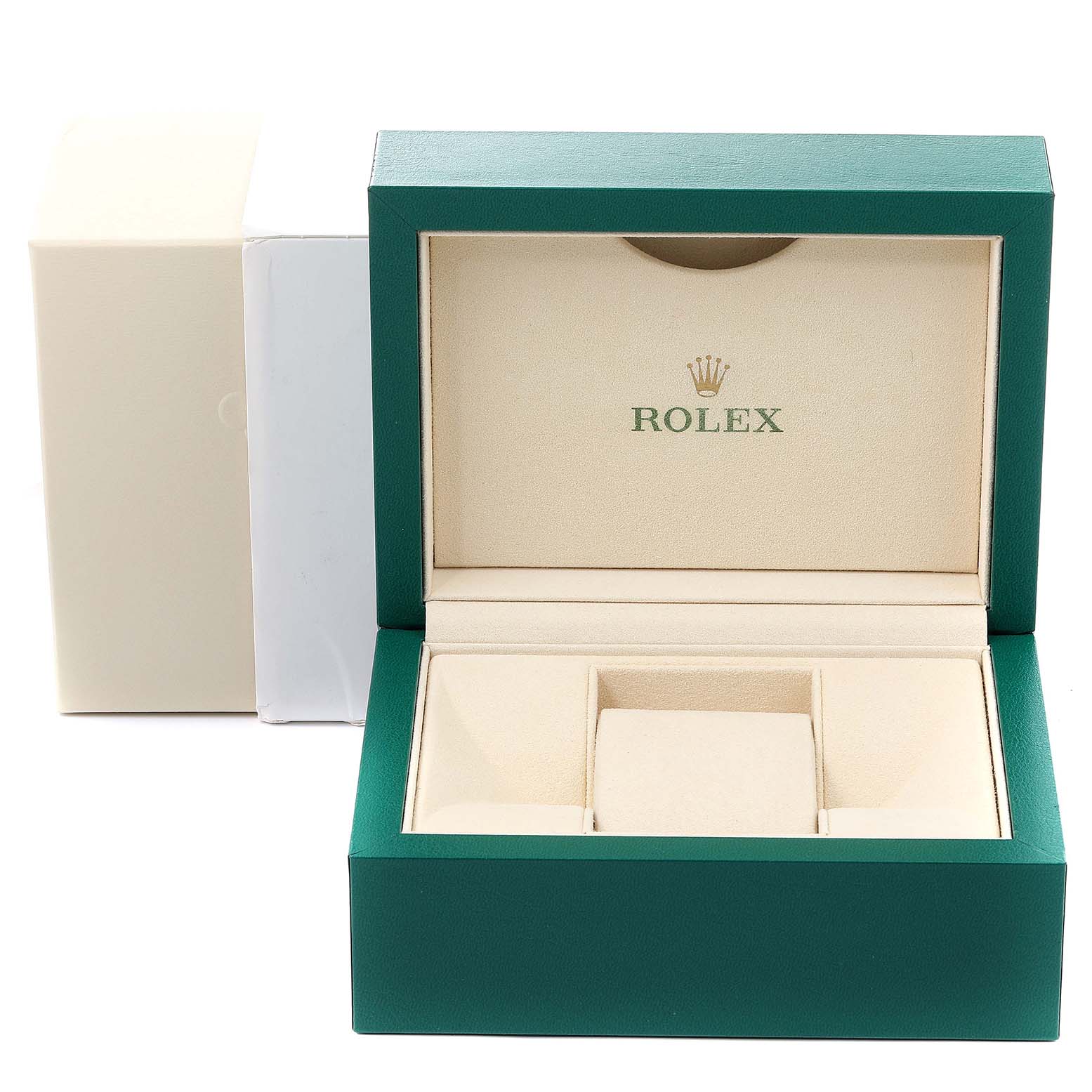 The image shows an open green and beige Rolex Explorer 214270 Men
s Stainless Steel Black Dial 214270 Men
s Stainless Steel Black Dial watch box at a front angle, with compartments inside.