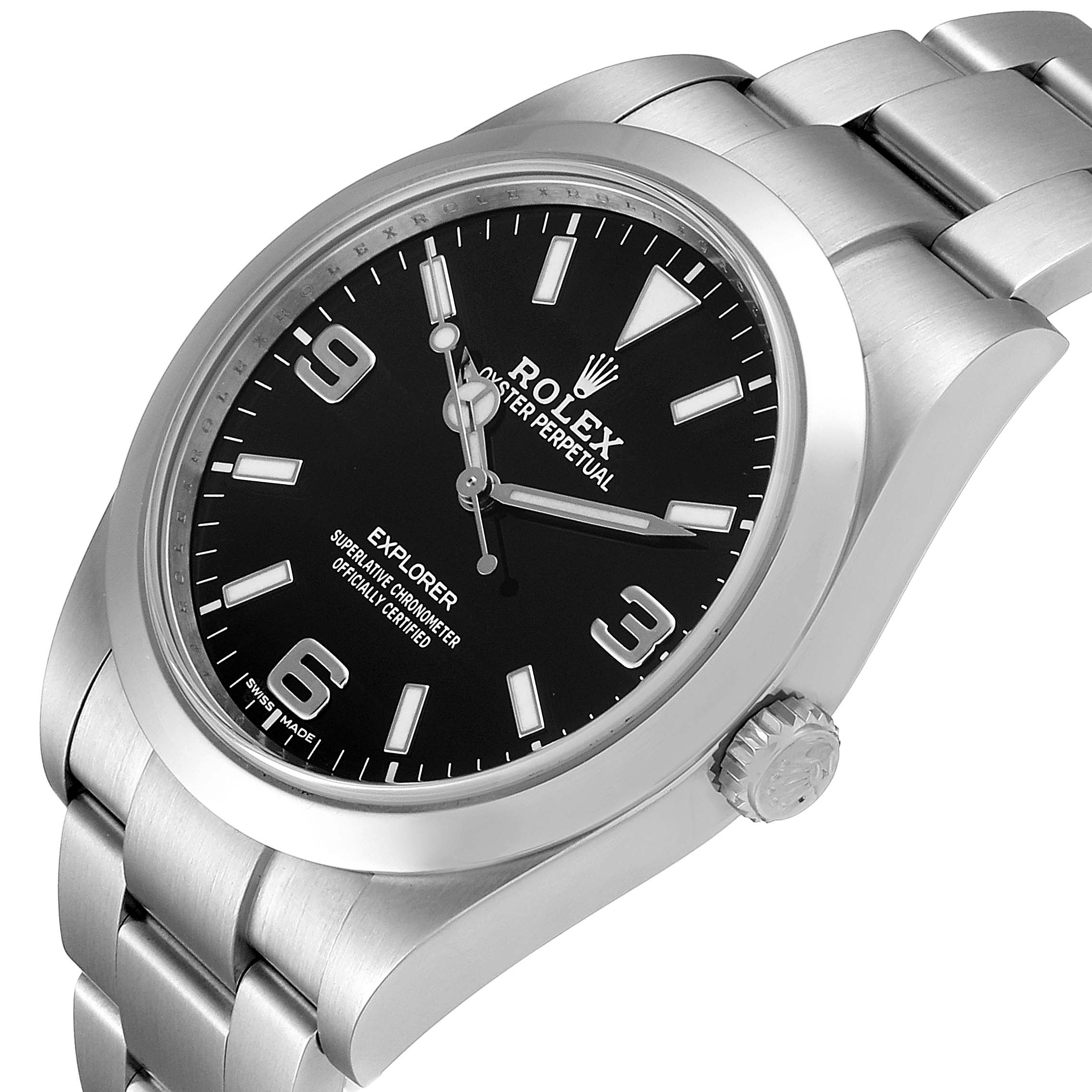This image shows a close-up, angled view of the Rolex Explorer 214270 Men
s Stainless Steel Black Dial 214270 Men
s Stainless Steel Black Dial watch, highlighting its face, bezel, and part of the bracelet.