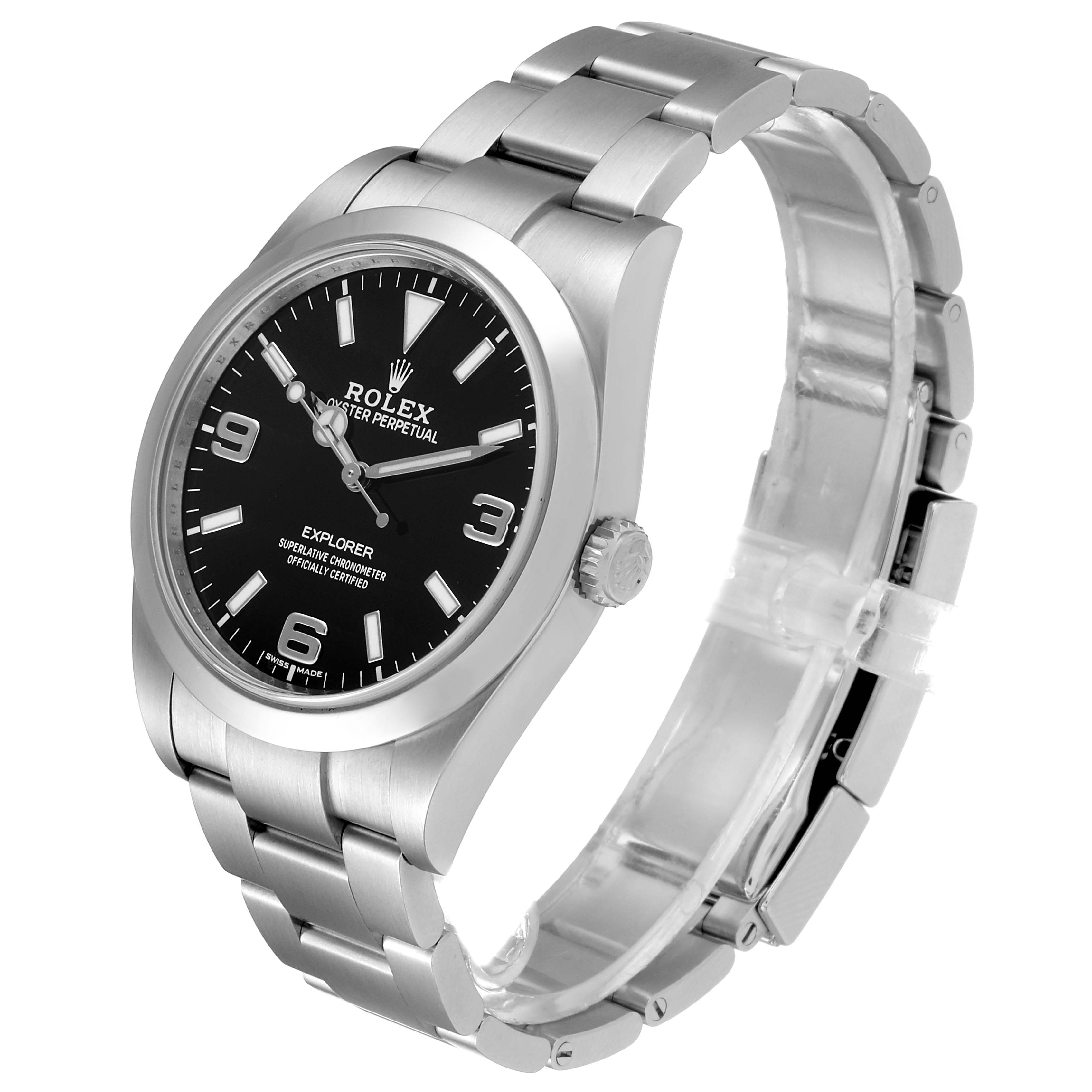 The image shows a side angle view of a Rolex Explorer 214270 Men
s Stainless Steel Black Dial 214270 Men
s Stainless Steel Black Dial model watch with a stainless steel bracelet and black dial.