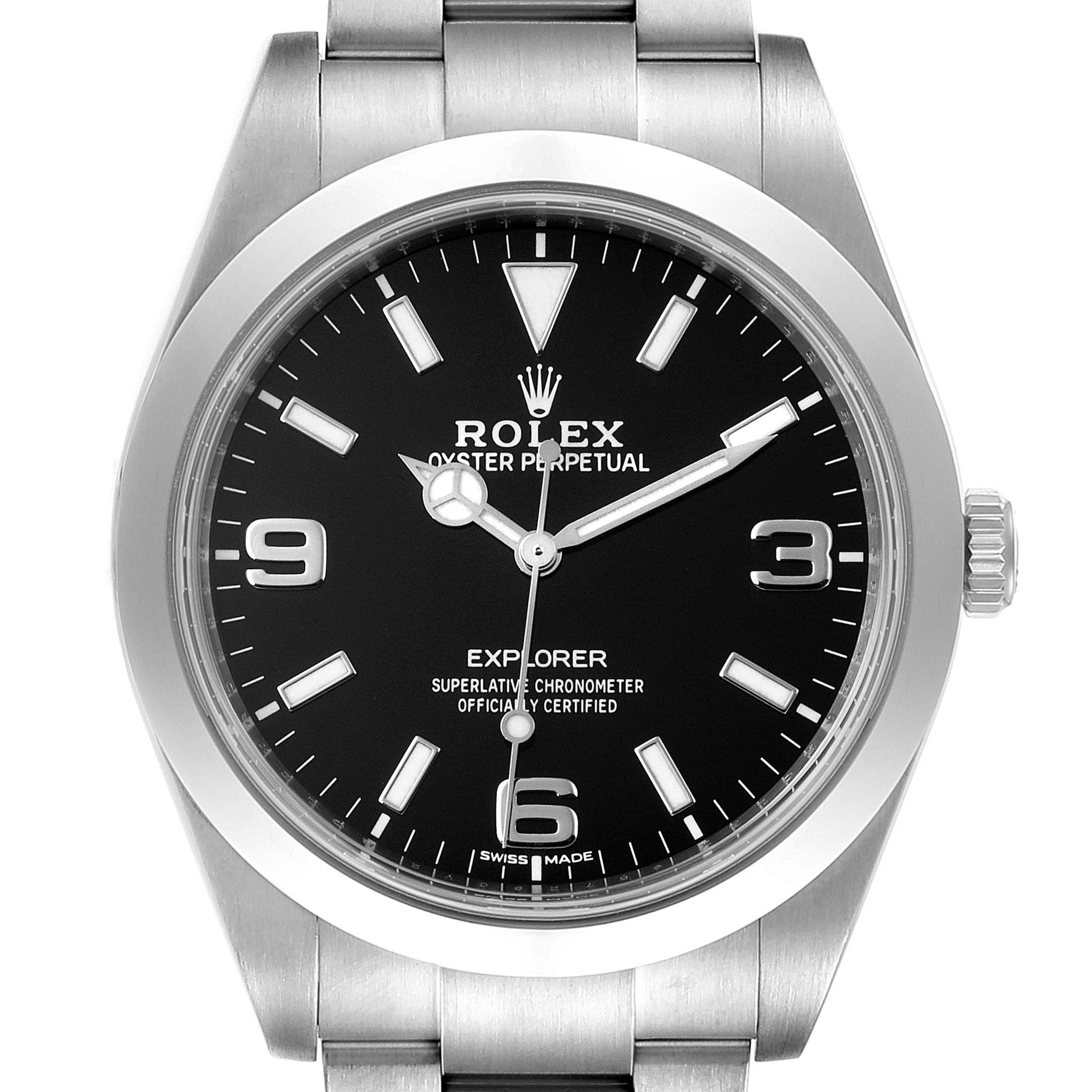 This image shows a frontal view of the Rolex Explorer 214270 Men
s Stainless Steel Black Dial 214270 Men
s Stainless Steel Black Dial watch, featuring its black dial, stainless steel case, and bracelet.