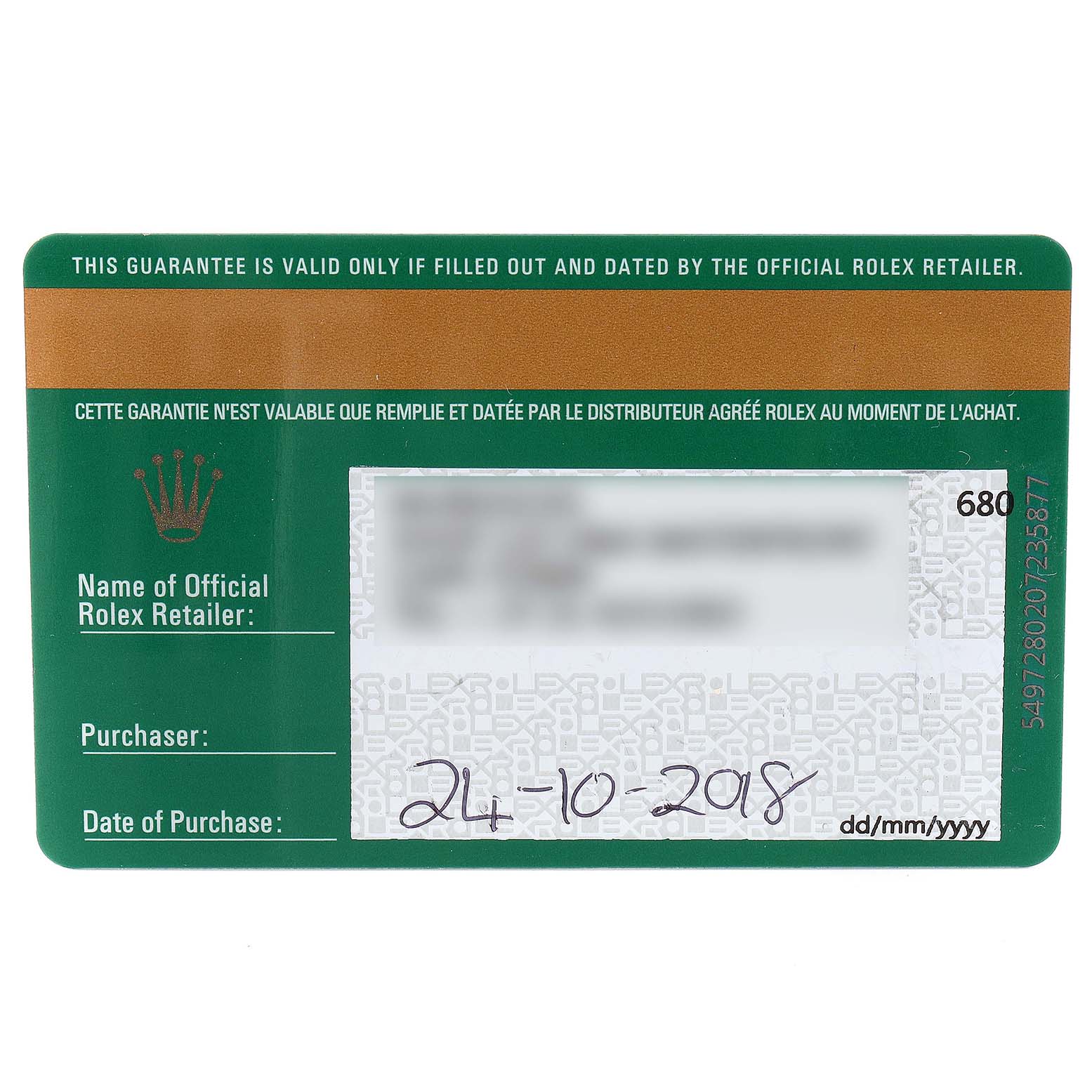 The image shows a guarantee card for the Rolex Explorer 214270 Men
s Stainless Steel Black Dial 214270 Men
s Stainless Steel Black Dial watch model.