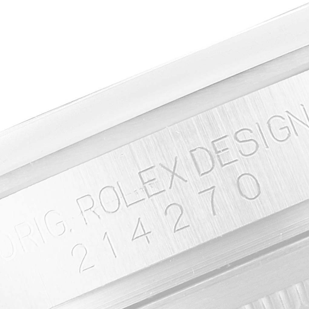 This image shows the engraved side of the case of a Rolex Explorer 214270 Men
s Stainless Steel Black Dial 214270 Men
s Stainless Steel Black Dial watch, displaying the model number 214270.