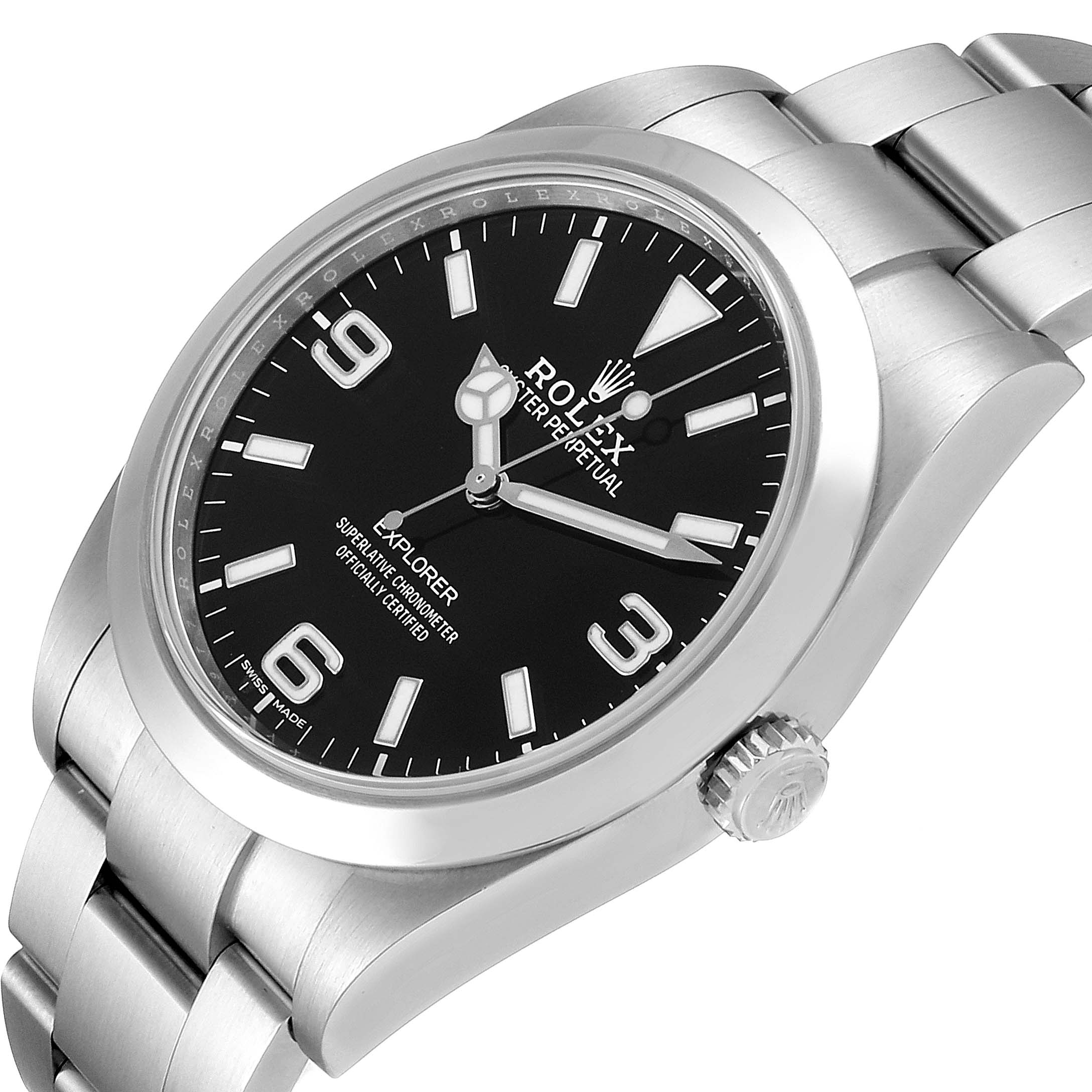 The image shows a Rolex Explorer 214270 Men
s Stainless Steel Black Dial 214270 Men
s Stainless Steel Black Dial model watch at a slight angle, highlighting the black dial, bezel, crown, and stainless steel bracelet.