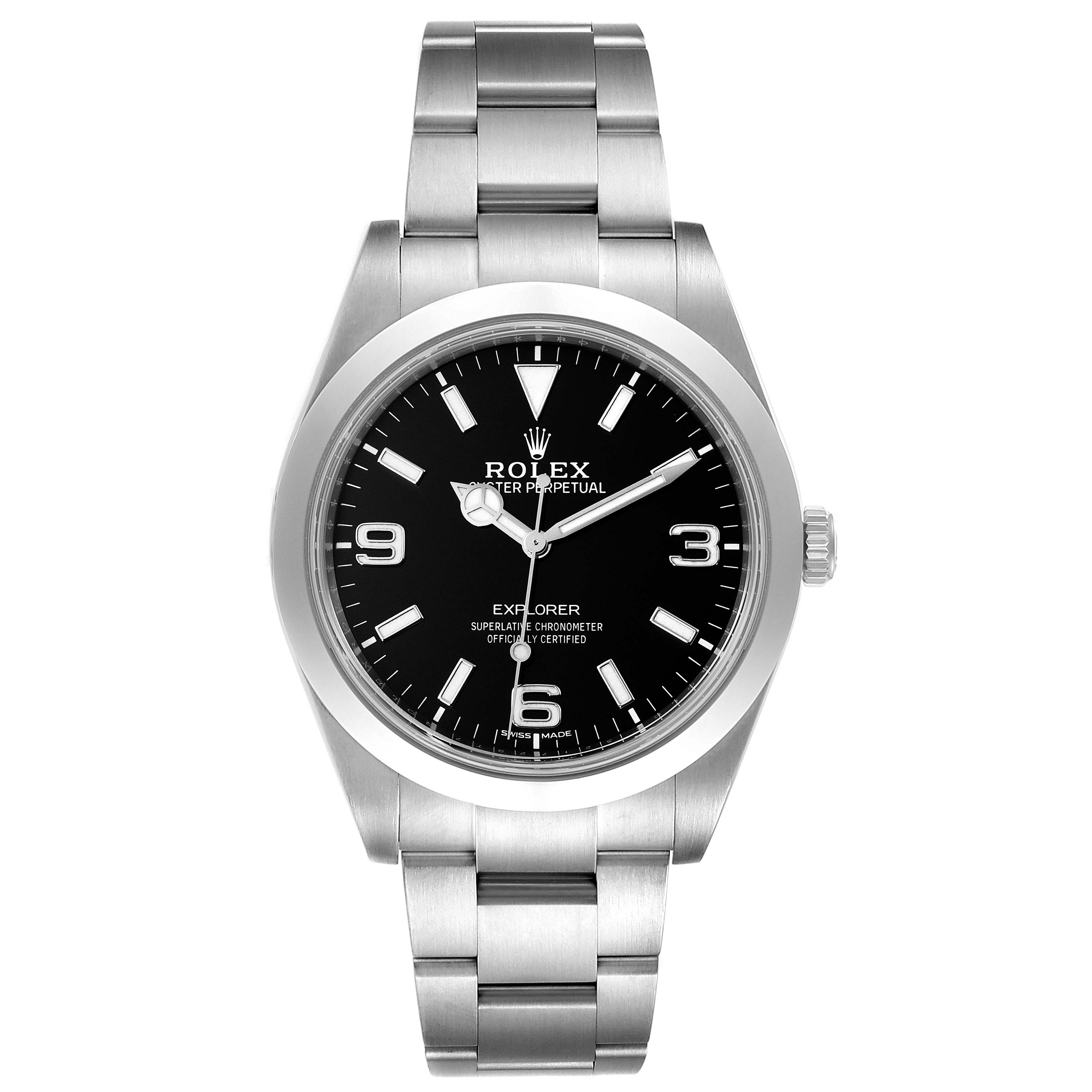 The Rolex Explorer 214270 Men
s Stainless Steel Black Dial 214270 Men
s Stainless Steel Black Dial watch is shown from the front, displaying the dial, hands, hour markers, bezel, and bracelet.