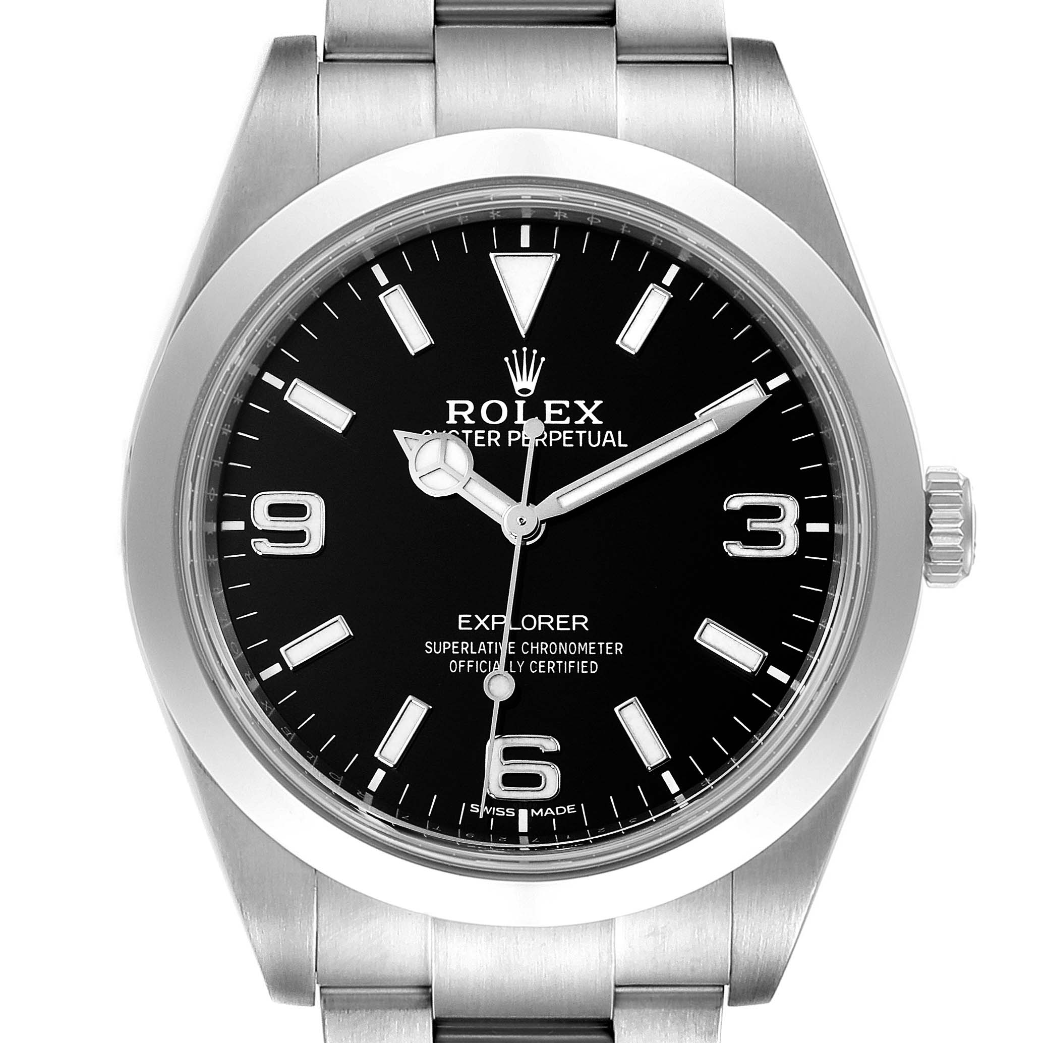 The image shows a frontal view of a Rolex Explorer 214270 Men
s Stainless Steel Black Dial 214270 Men
s Stainless Steel Black Dial watch, including the dial, hands, markers, crown, and part of the bracelet.