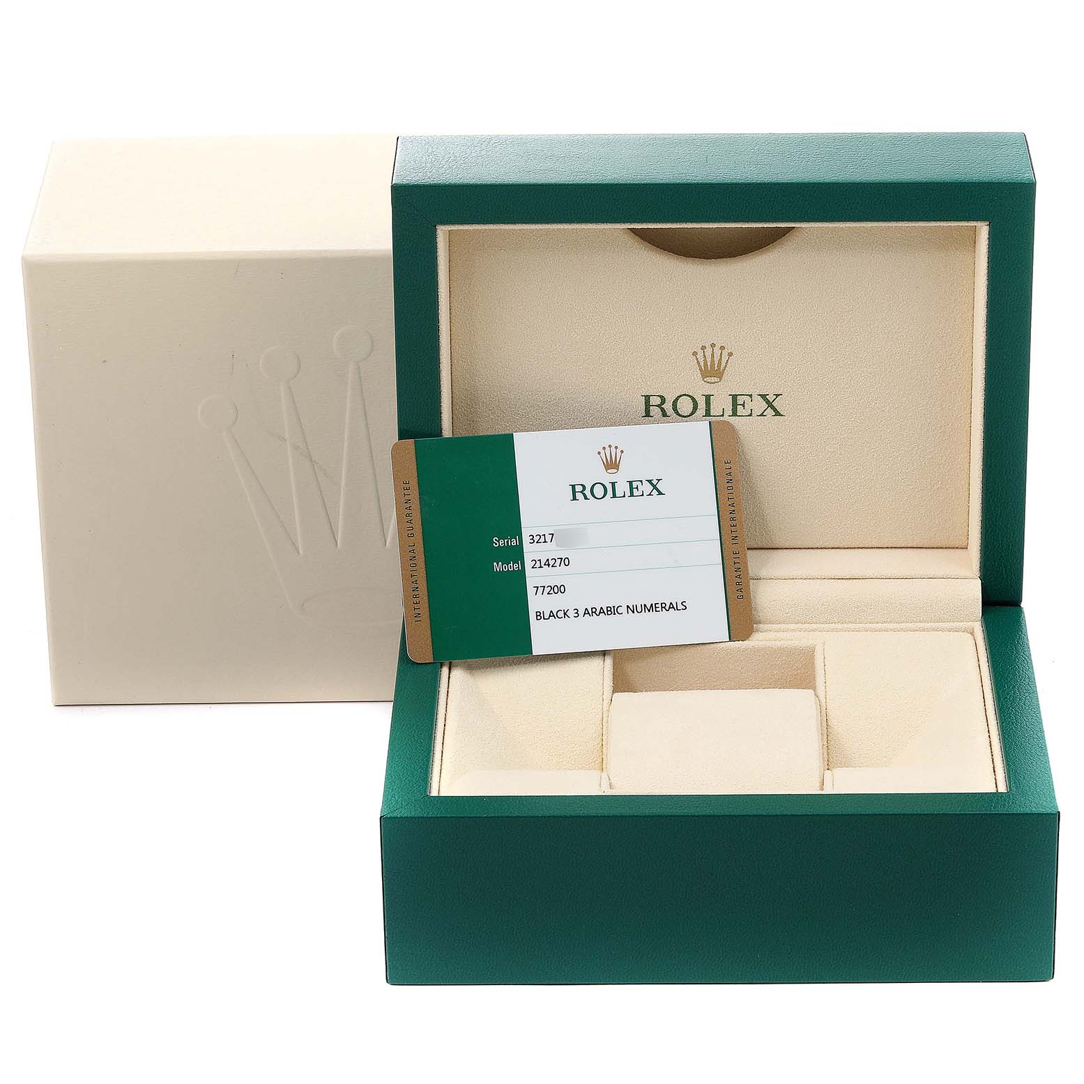 The image shows the packaging and guarantee card for a Rolex Explorer 214270 Men
s Stainless Steel Black Dial 214270 Men
s Stainless Steel Black Dial model watch.