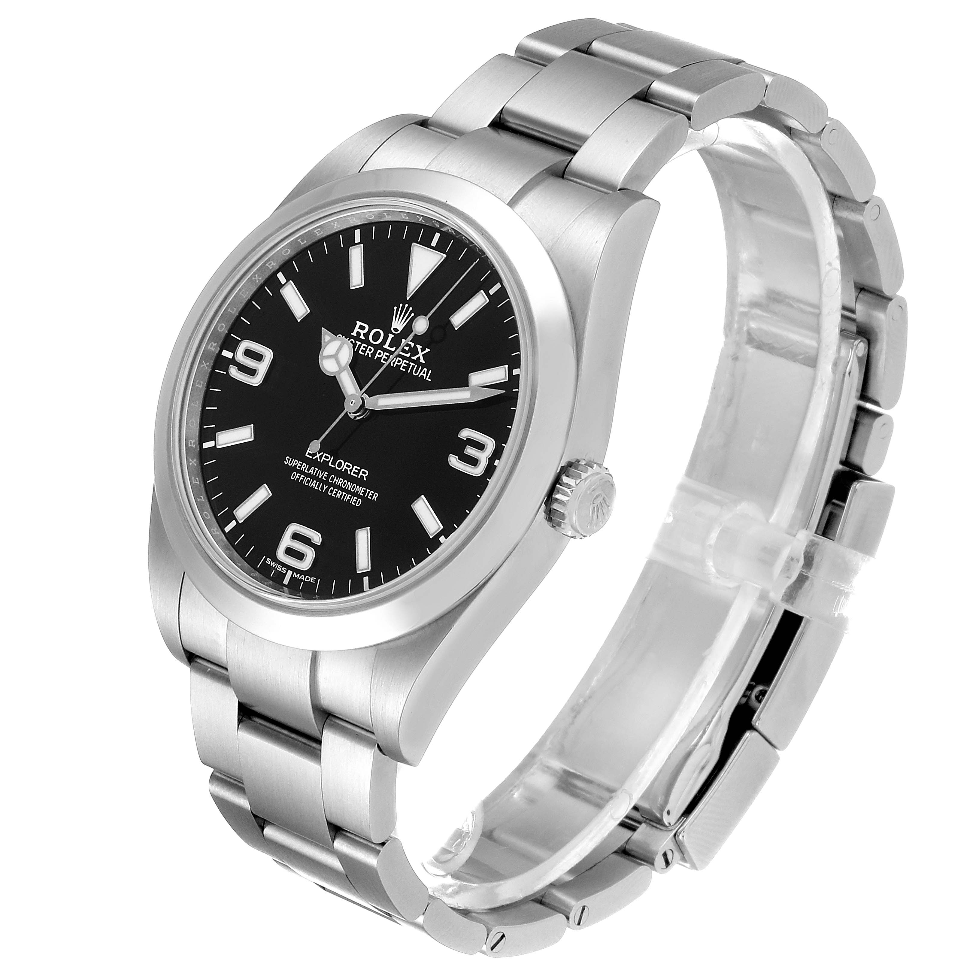 The Rolex Explorer 214270 Men
s Stainless Steel Black Dial 214270 Men
s Stainless Steel Black Dial watch is shown at a three-quarter angle, displaying the face, bezel, crown, and stainless steel bracelet.