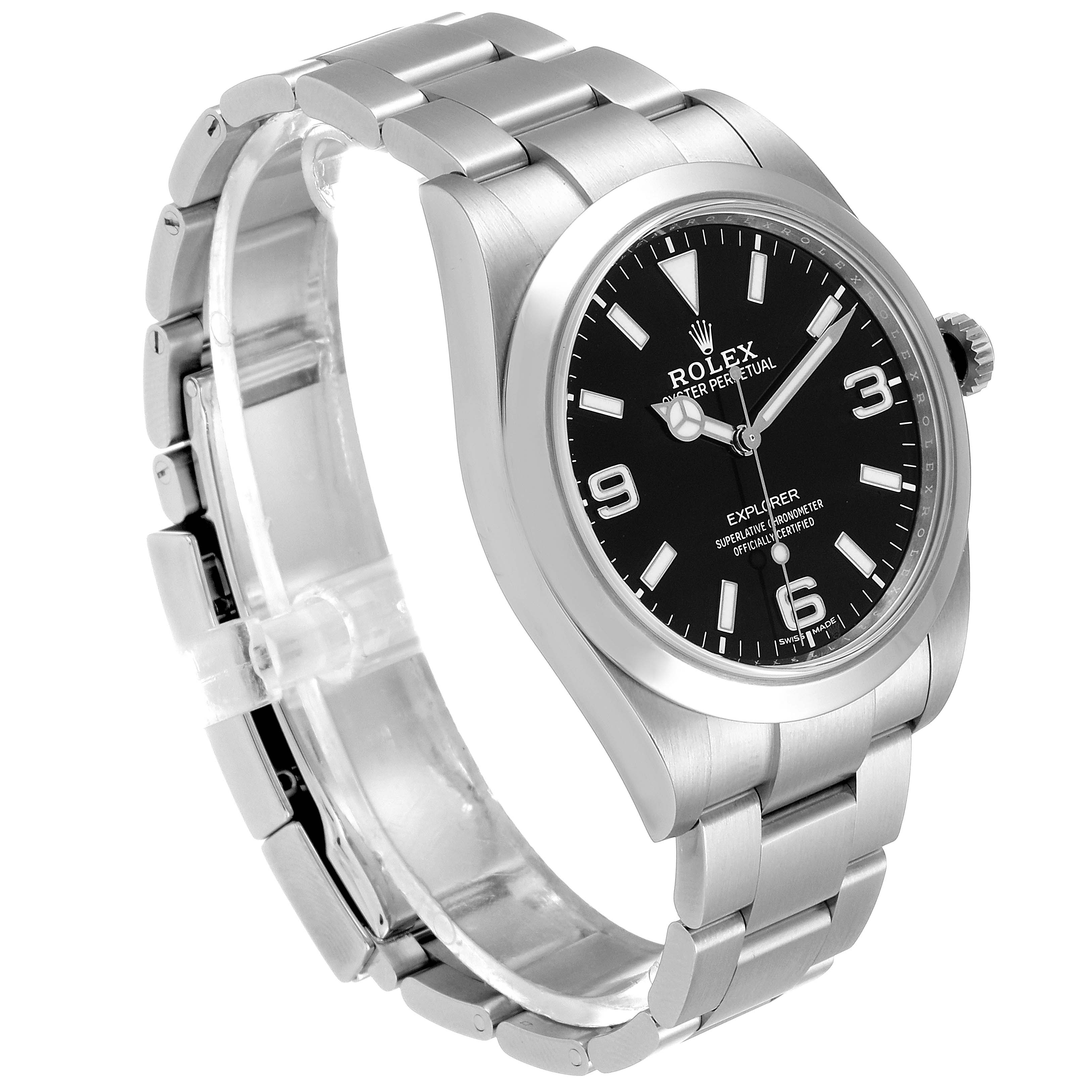 The image shows a Rolex Explorer 214270 Men
s Stainless Steel Black Dial 214270 Men
s Stainless Steel Black Dial watch at a three-quarter angle, highlighting the dial, bracelet, and clasp.