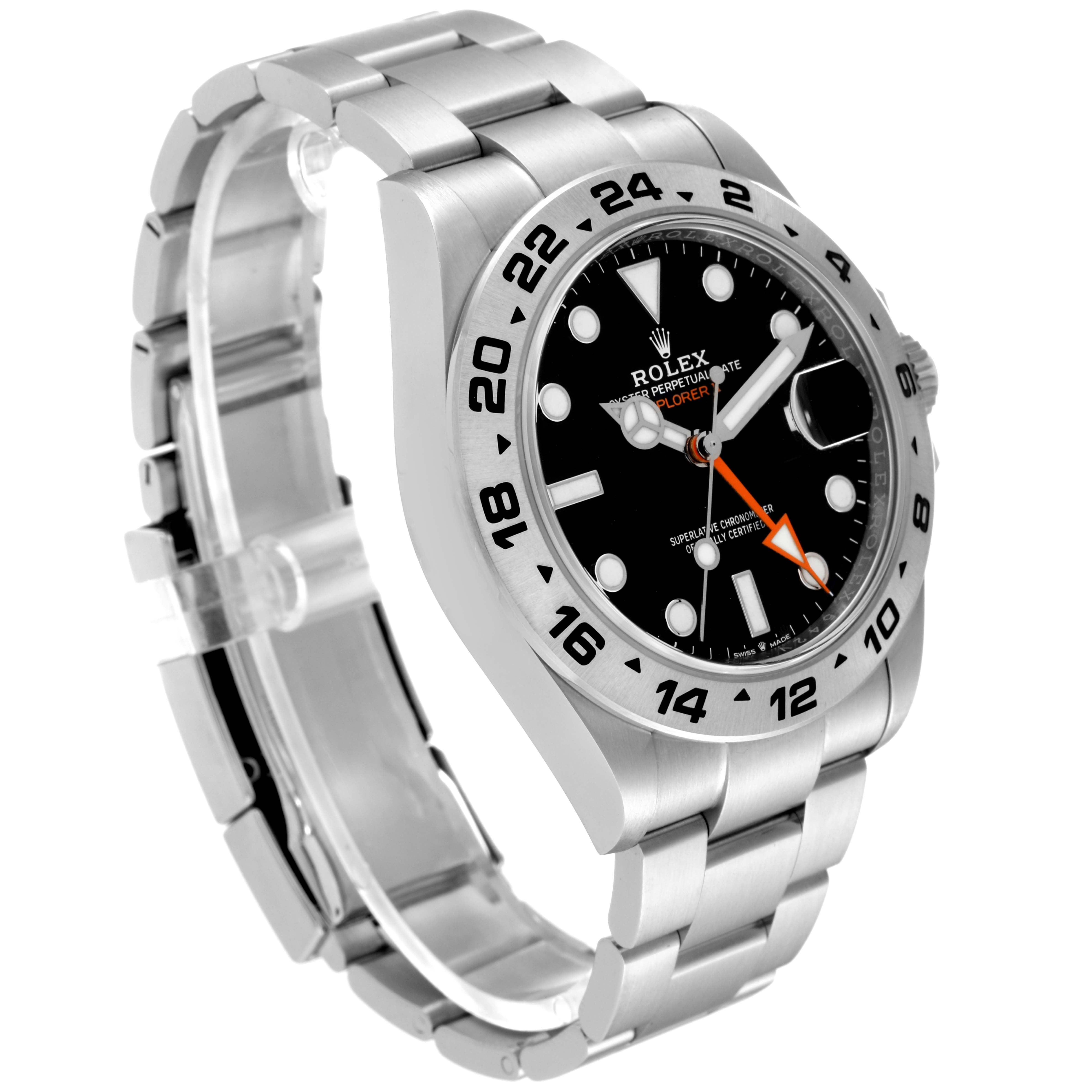 The Rolex Explorer 226570 Men
s Stainless Steel Black Dial 226570 Men
s Stainless Steel Black Dial model watch is shown from a three-quarter angle, highlighting the face, bezel, and bracelet.