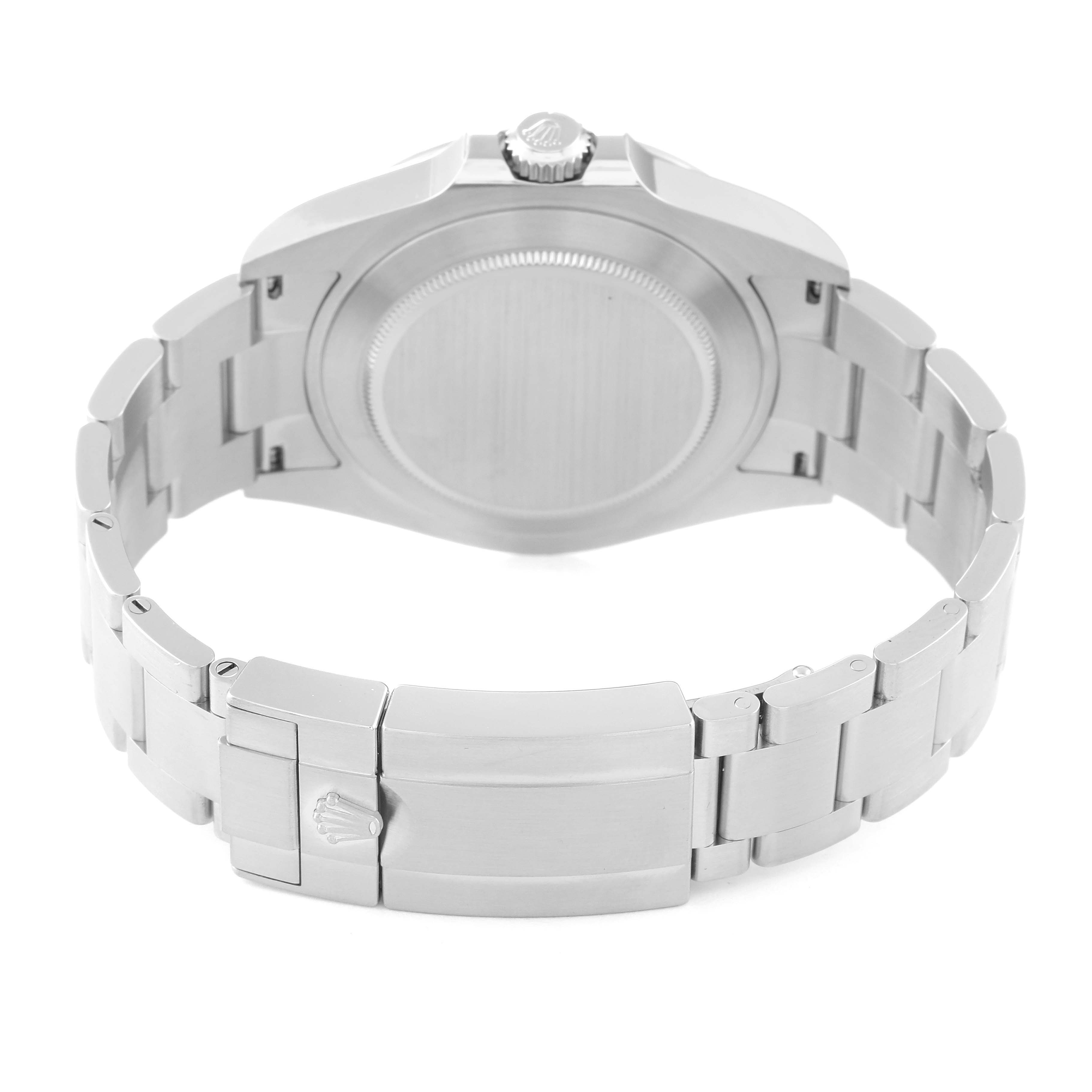 This is a rear view of the Rolex Explorer 226570 Men
s Stainless Steel Black Dial 226570 Men
s Stainless Steel Black Dial watch, showing the stainless steel case back, bracelet, and clasp.