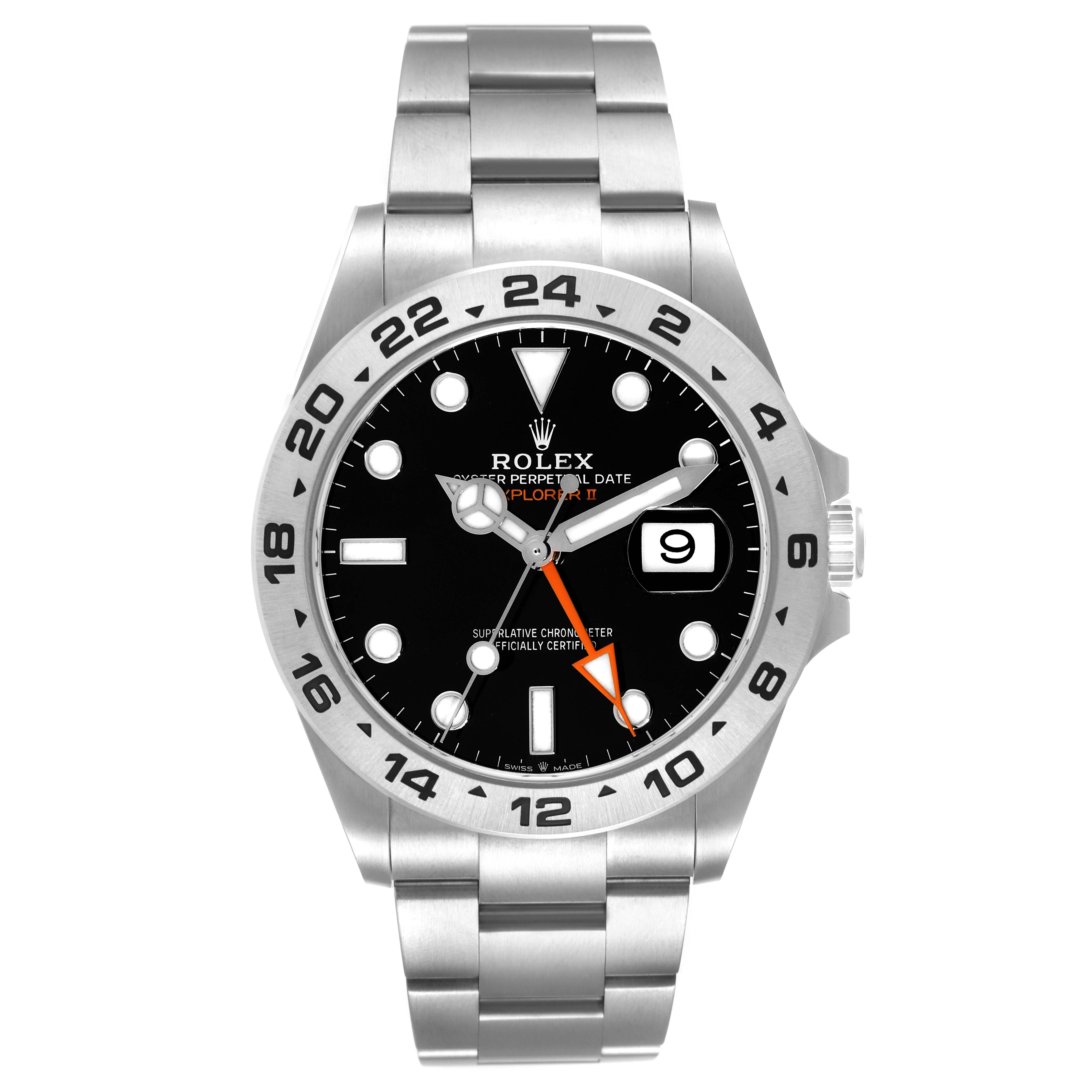 This image shows a front view of a Rolex Explorer 226570 Men
s Stainless Steel Black Dial 226570 Men
s Stainless Steel Black Dial watch, displaying the face, bezel, and part of the bracelet.