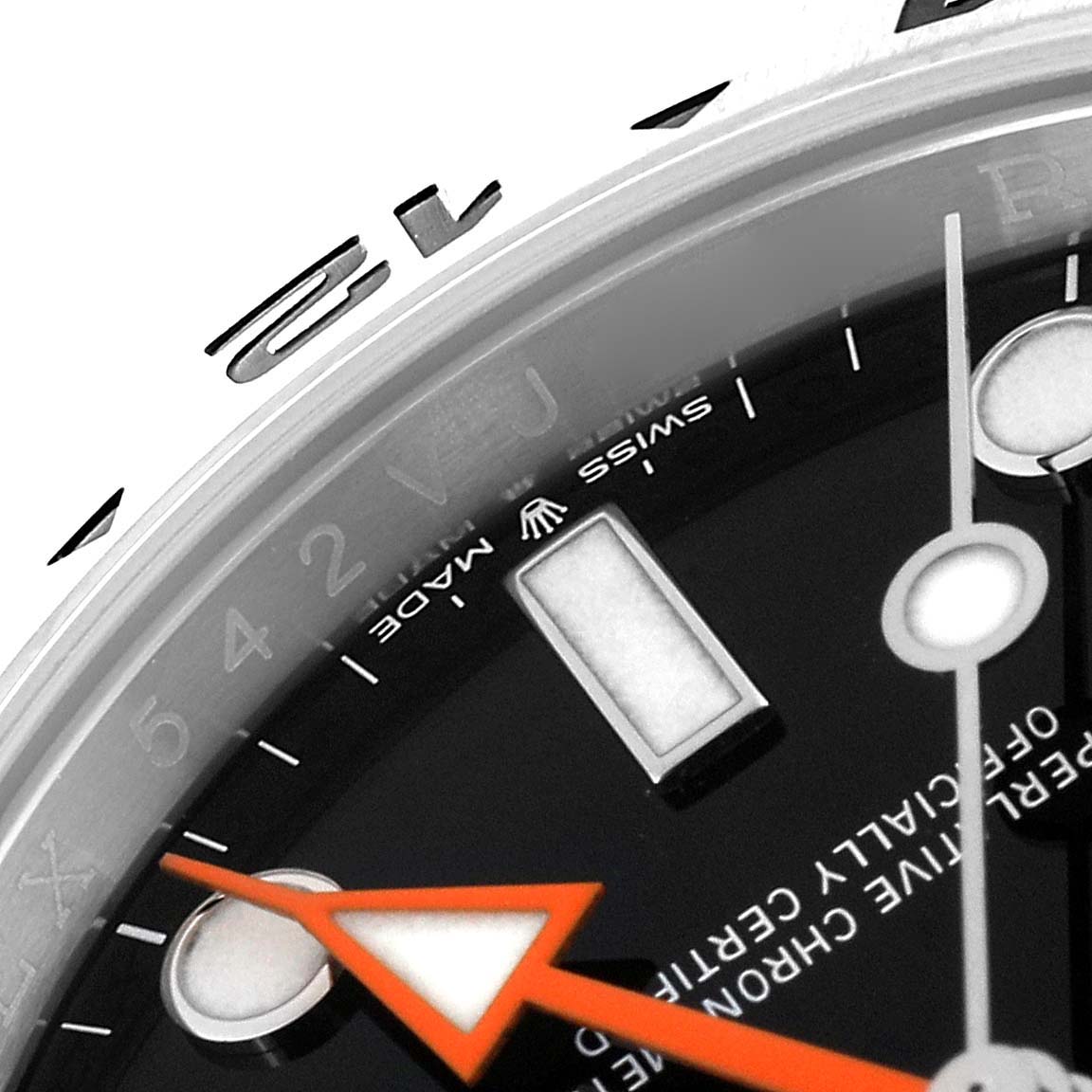 This close-up image of the Rolex Explorer 226570 Men
s Stainless Steel Black Dial 226570 Men
s Stainless Steel Black Dial watch shows the bezel, dial, and orange arrow hand.