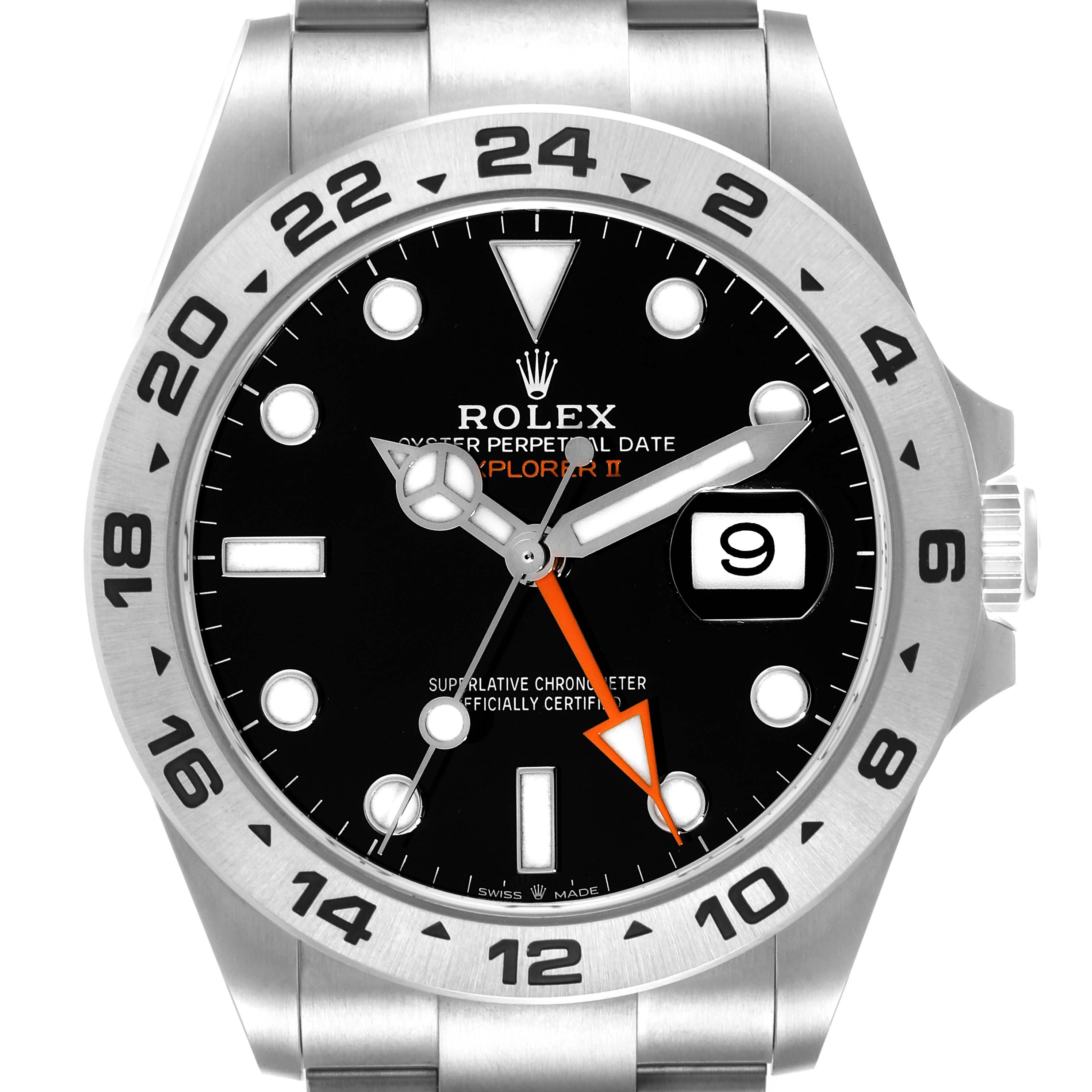 The image shows a front view of the Rolex Explorer 226570 Men
s Stainless Steel Black Dial 226570 Men
s Stainless Steel Black Dial watch, highlighting its dial, bezel, hands, and date display.