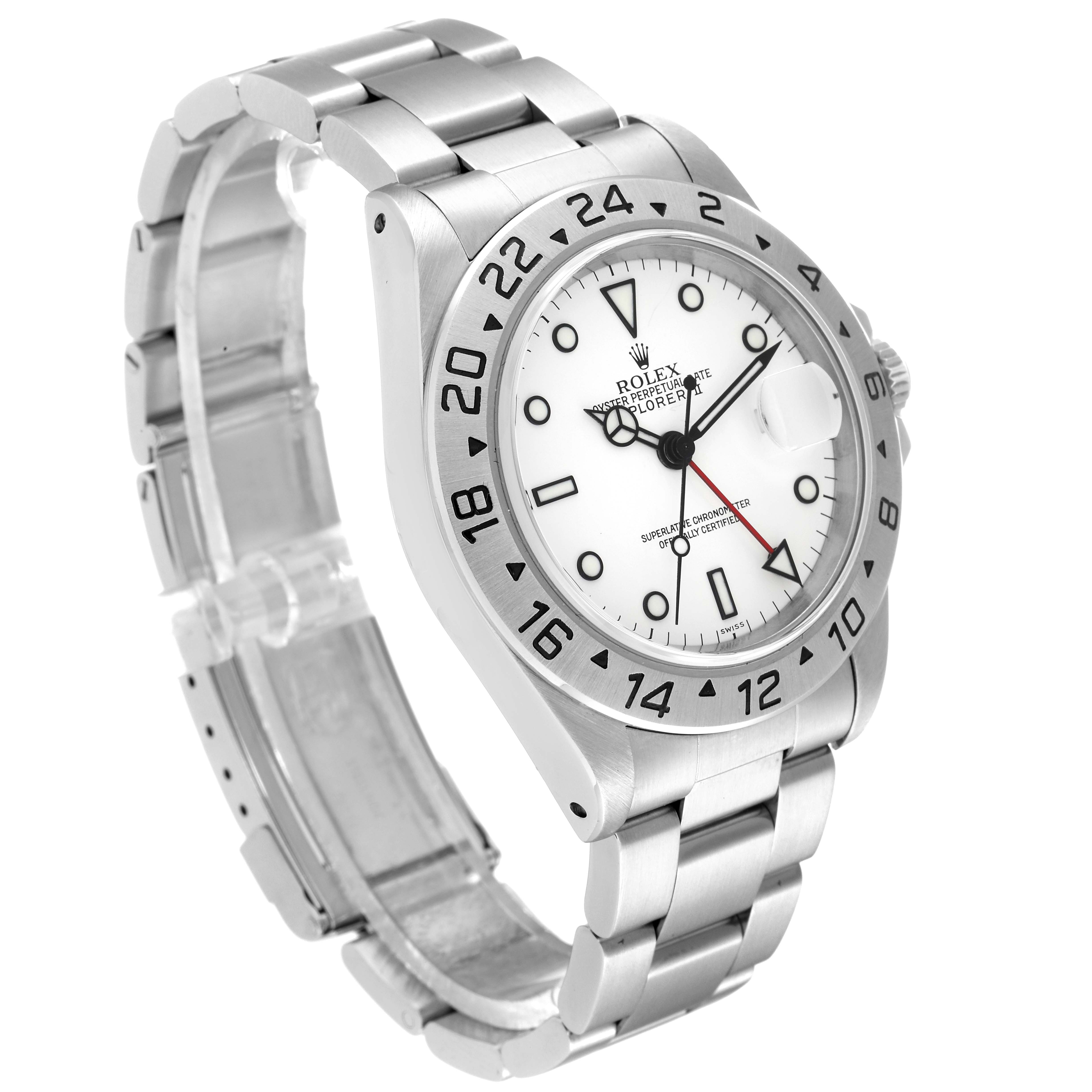 This image shows the Rolex Explorer 16570 Men
s Stainless Steel White Dial 16570 Men
s Stainless Steel White Dial watch at a 3/4 angle, highlighting the face, bezel, crown, and bracelet.