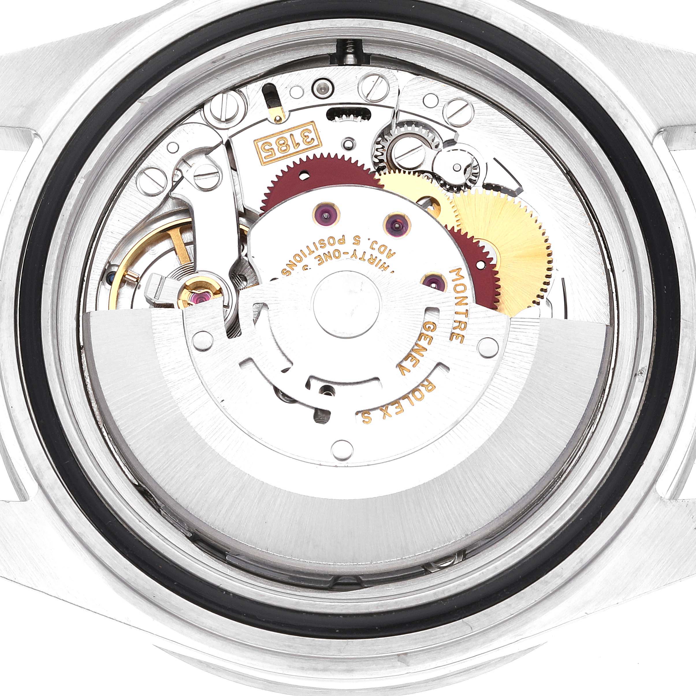 This image shows a close-up view of the movement and internal mechanisms of a Rolex Explorer 16570 Men
s Stainless Steel White Dial 16570 Men
s Stainless Steel White Dial watch.