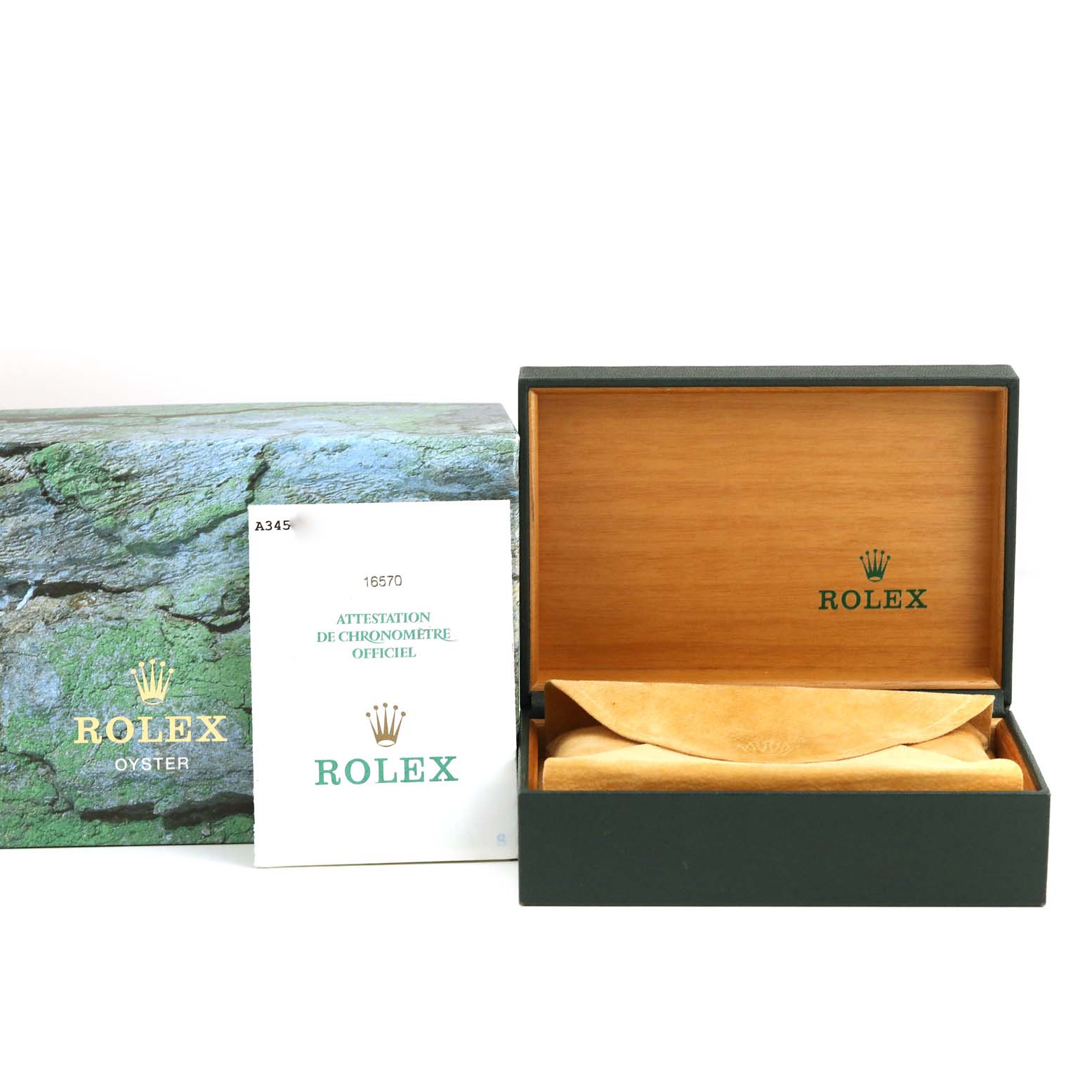 This image shows the Rolex Explorer 16570 Men
s Stainless Steel White Dial 16570 Men
s Stainless Steel White Dial watch box, outer packaging, and documentation from a front angle.