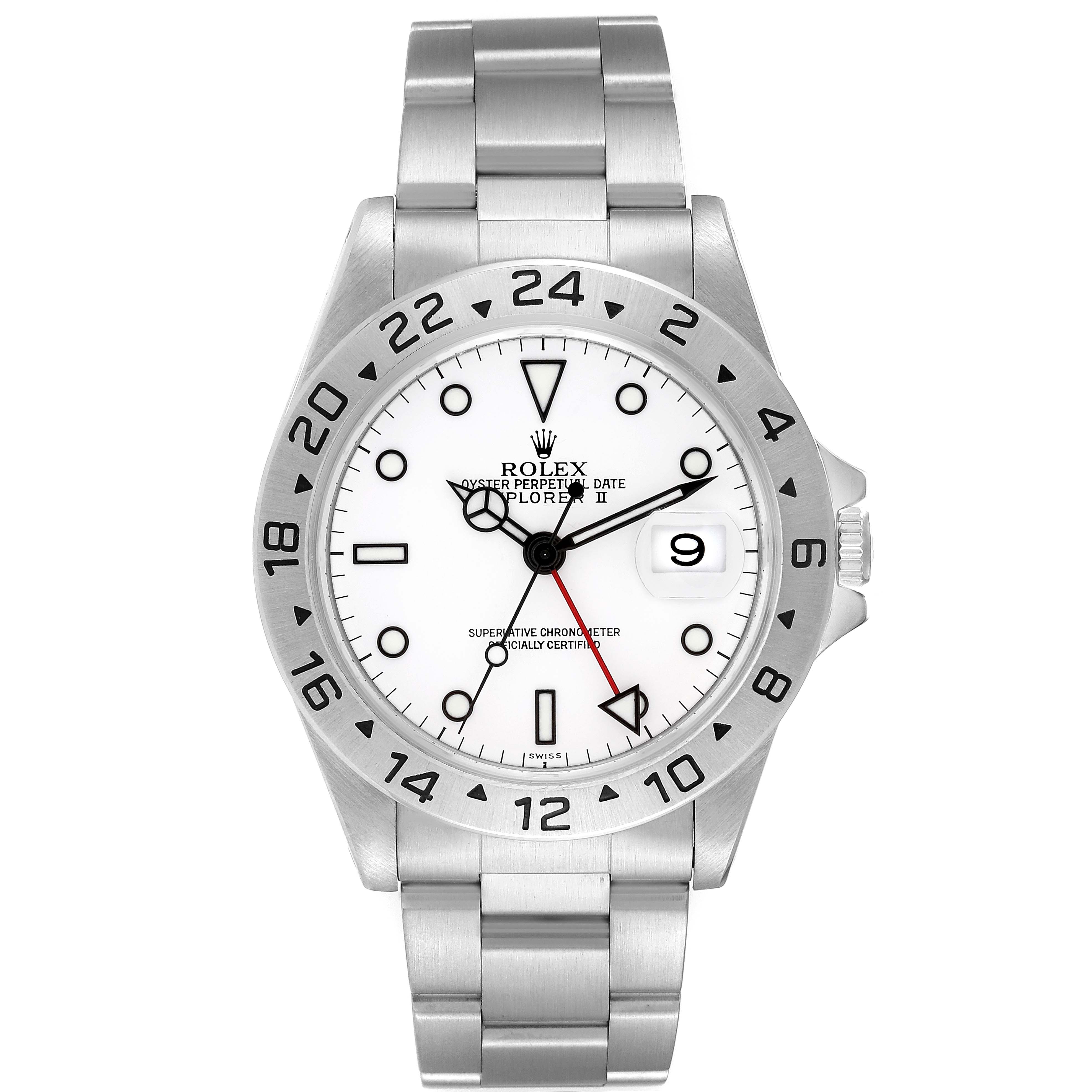 The image shows a front view of a Rolex Explorer 16570 Men
s Stainless Steel White Dial 16570 Men
s Stainless Steel White Dial watch, highlighting its bezel, dial, hands, bracelet, and date window.