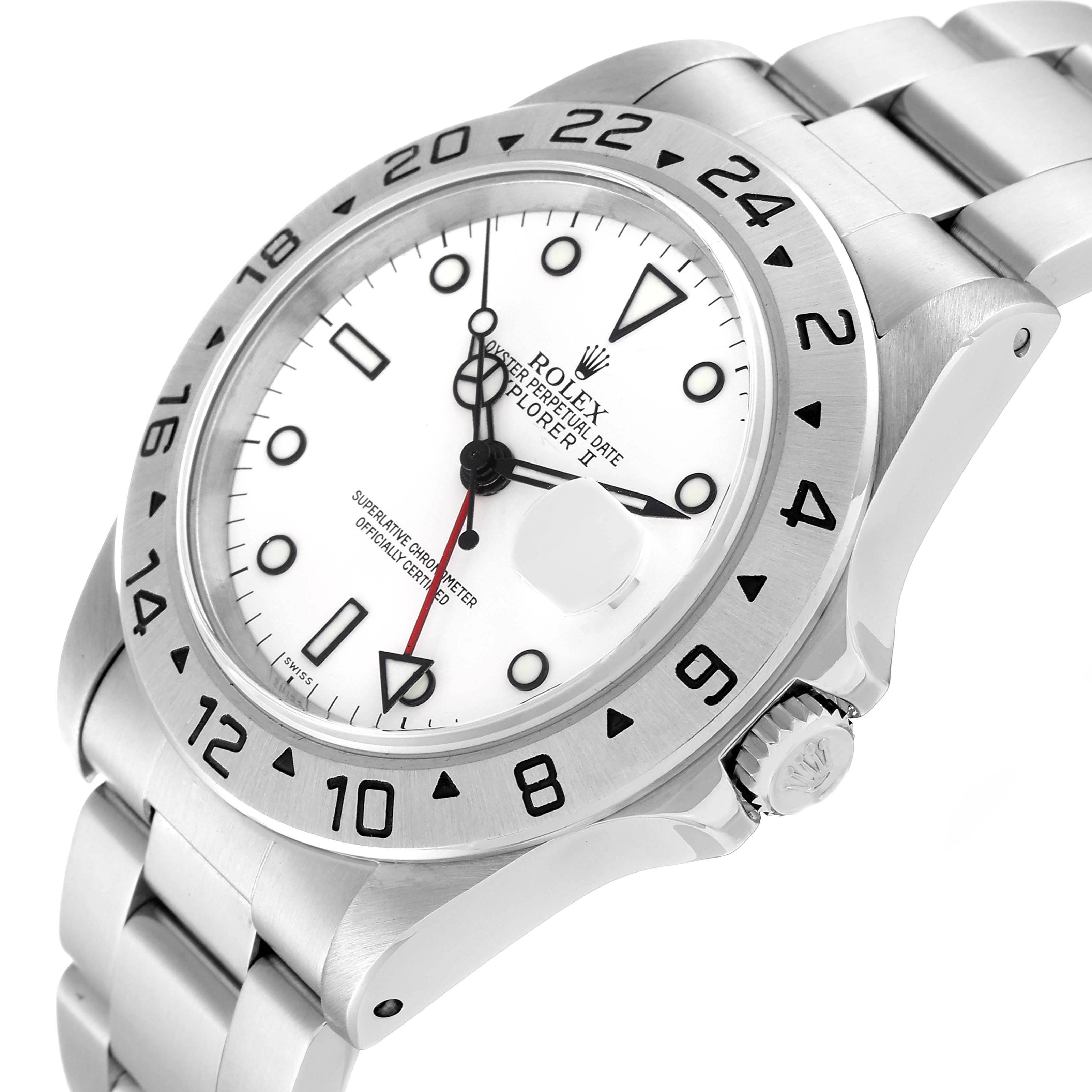 This image shows a Rolex Explorer 16570 Men
s Stainless Steel White Dial 16570 Men
s Stainless Steel White Dial watch at a slight angle, highlighting the face, bezel, crown, and part of the bracelet.