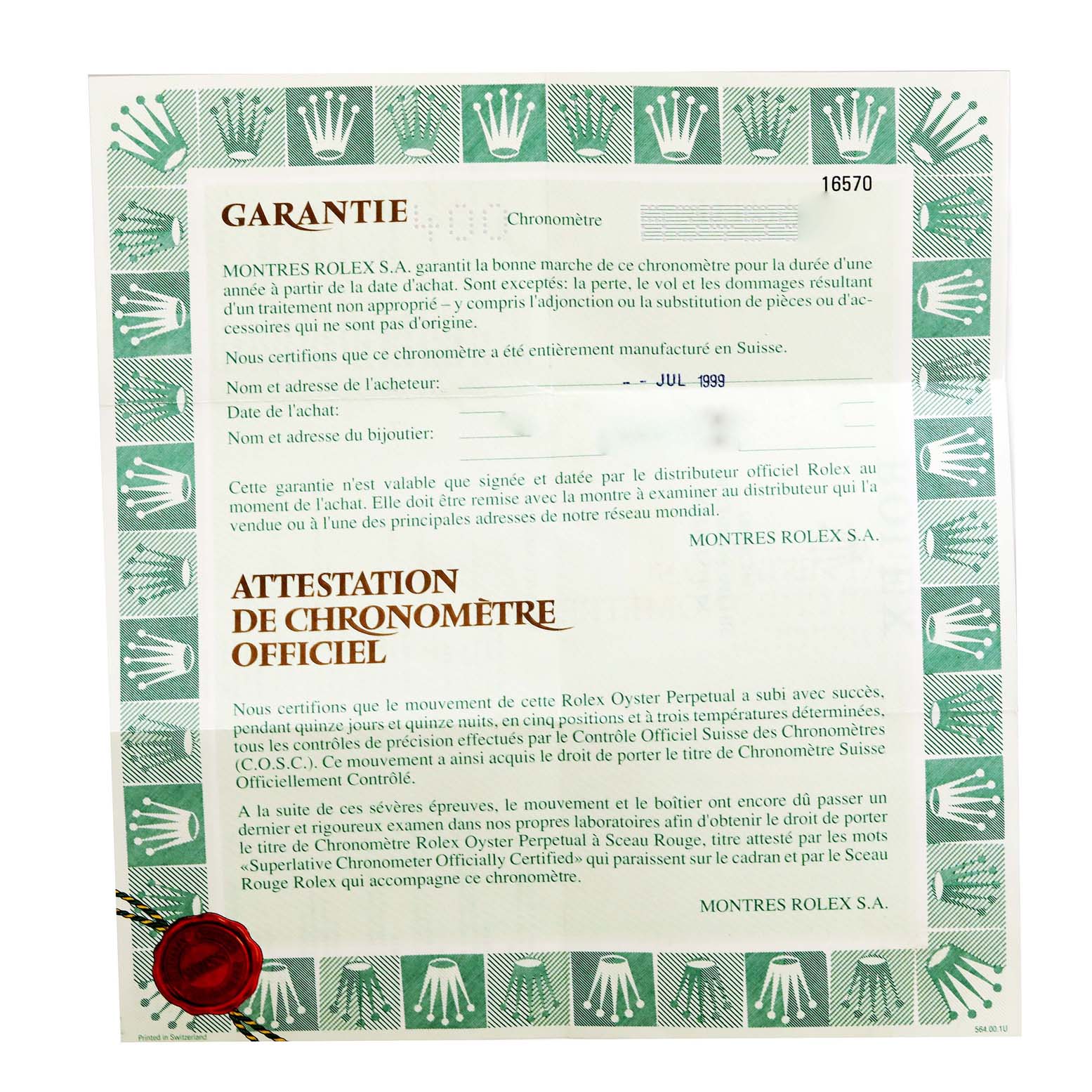 The image shows the warranty and official chronometer certification for the Rolex Explorer 16570 Men
s Stainless Steel White Dial 16570 Men
s Stainless Steel White Dial model.