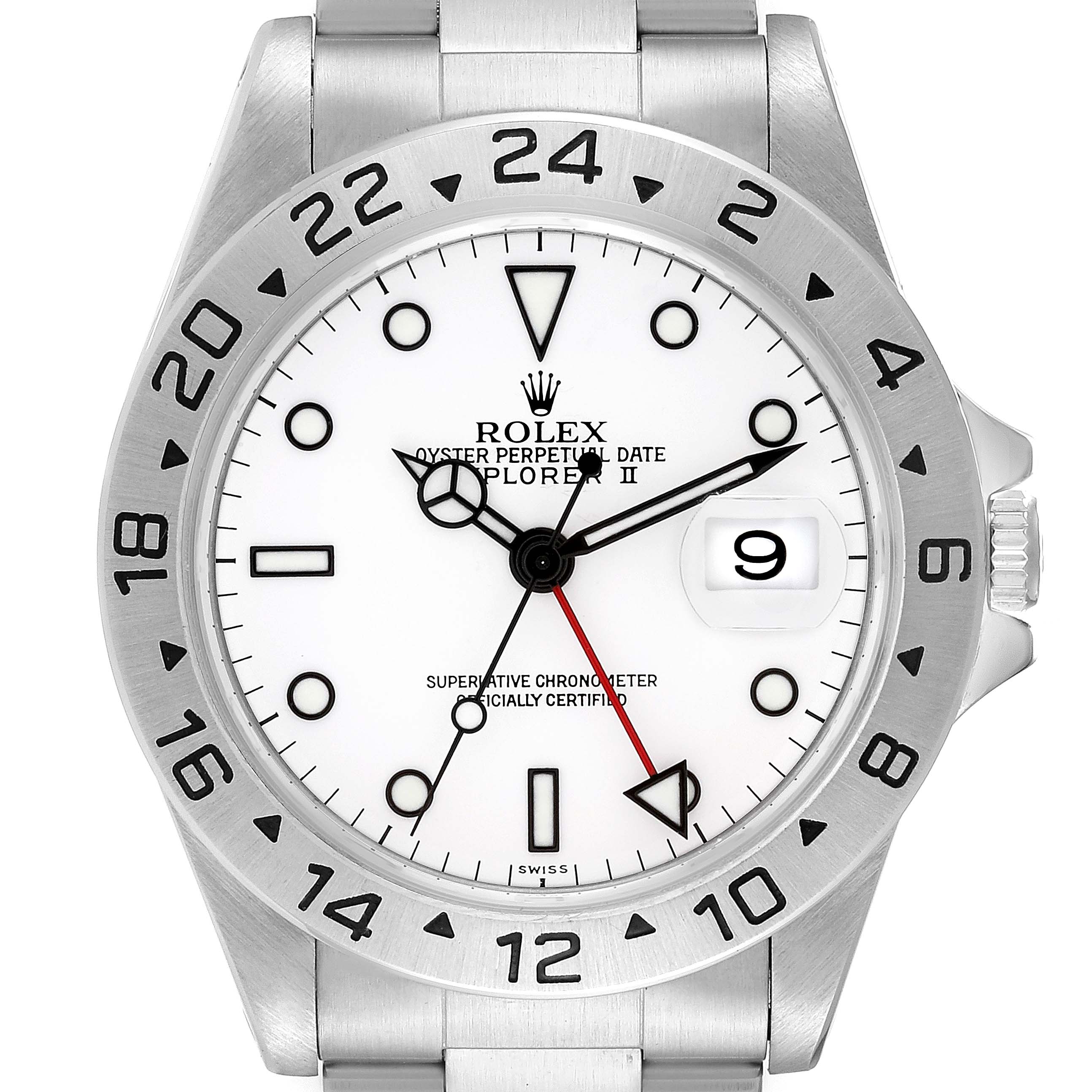 The image shows a front view of a Rolex Explorer 16570 Men
s Stainless Steel White Dial 16570 Men
s Stainless Steel White Dial watch, highlighting the white dial, bezel, and part of the bracelet.