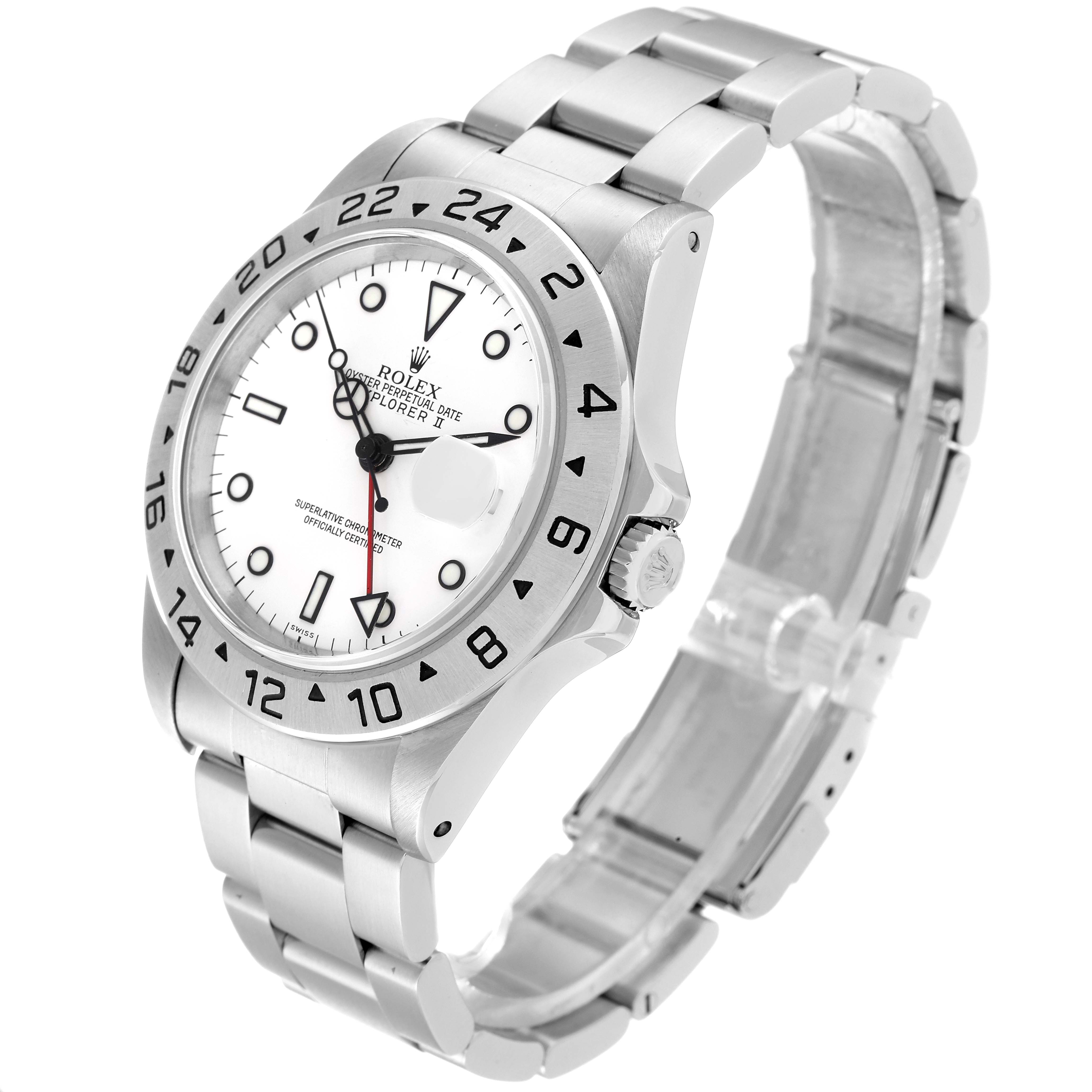 This image shows a side-angle view of a Rolex Explorer 16570 Men
s Stainless Steel White Dial 16570 Men
s Stainless Steel White Dial watch, highlighting the dial, bezel, crown, and bracelet.