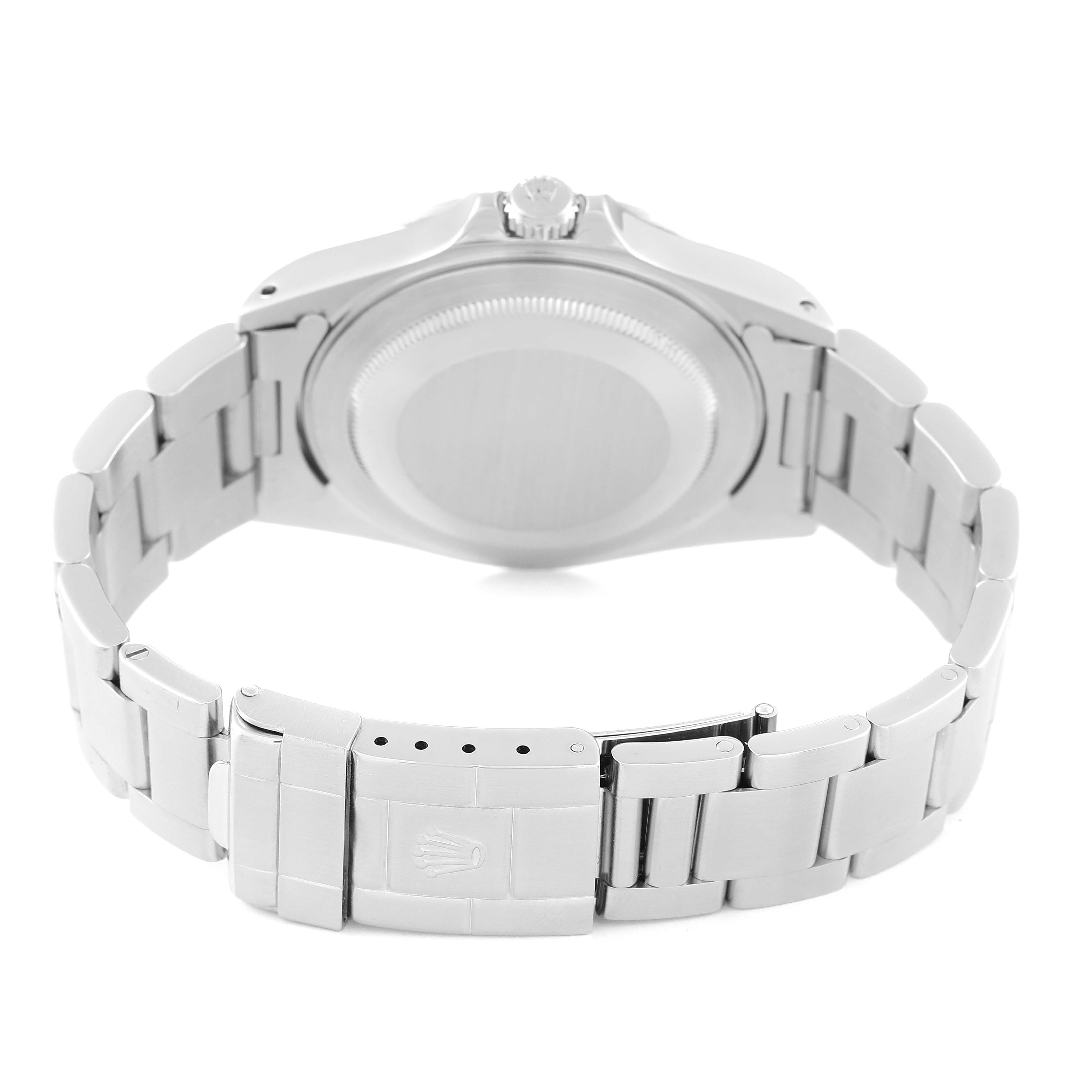 This image shows the backside and band
s clasp of a Rolex Explorer 16570 Men
s Stainless Steel White Dial 16570 Men
s Stainless Steel White Dial watch.