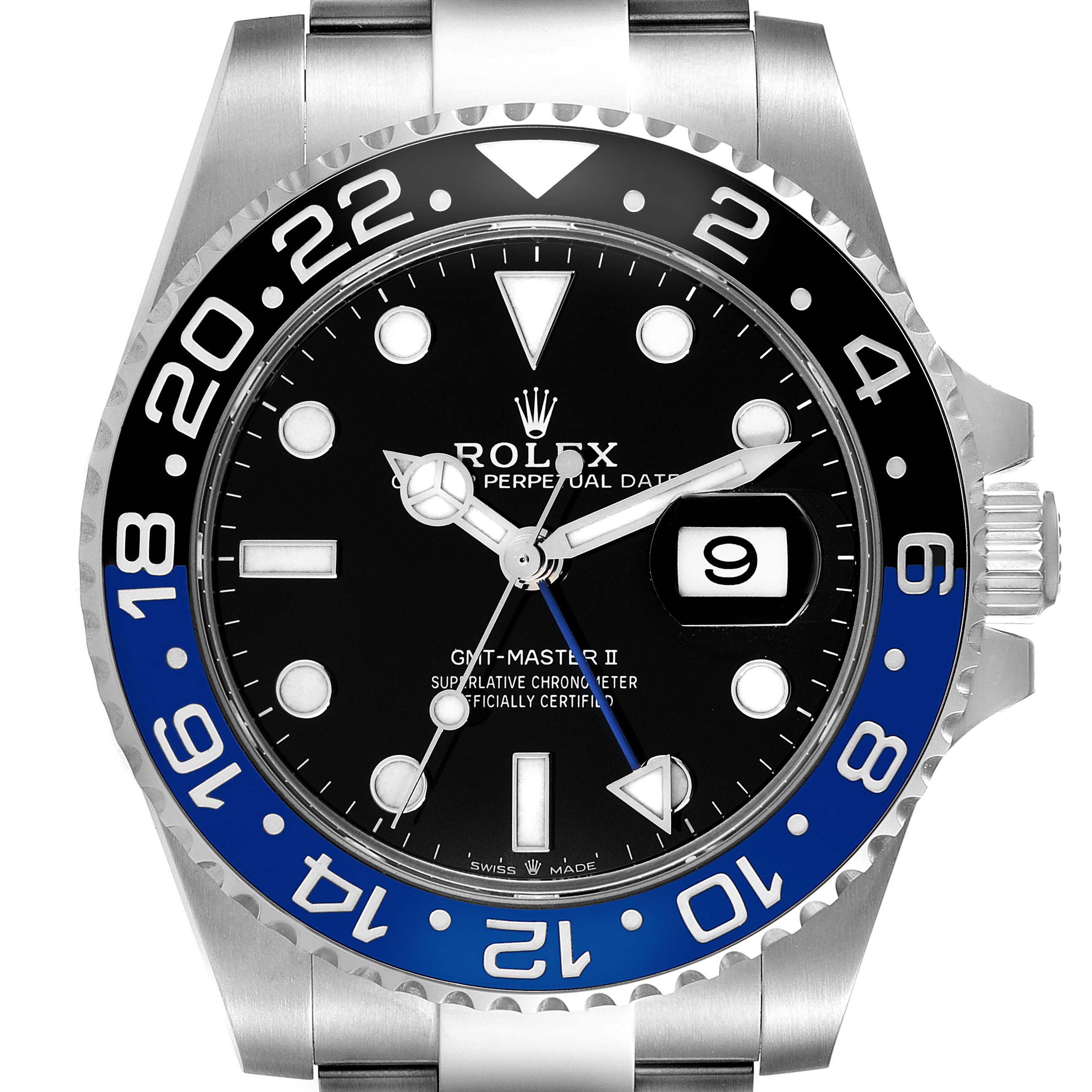 The image shows a front view of a Rolex GMT-Master 126710 Men's Stainless Steel Black Dial 126710 Men's Stainless Steel Black Dial II watch, highlighting the dial, bezel, date, and part of the bracelet.