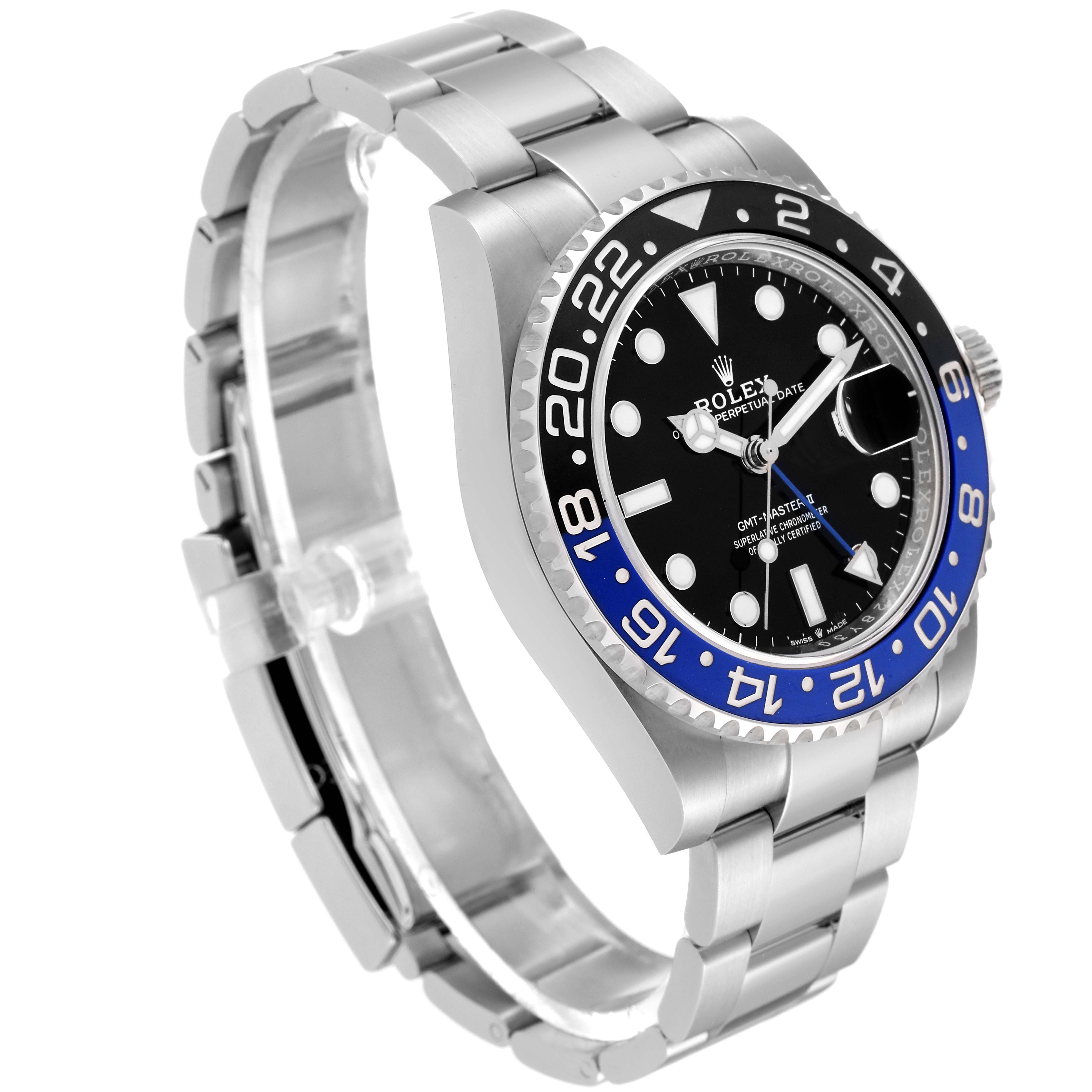 This image shows a side angle of a Rolex GMT-Master 126710 Men's Stainless Steel Black Dial 126710 Men's Stainless Steel Black Dial watch, highlighting the bezel, face, bracelet, and crown.
