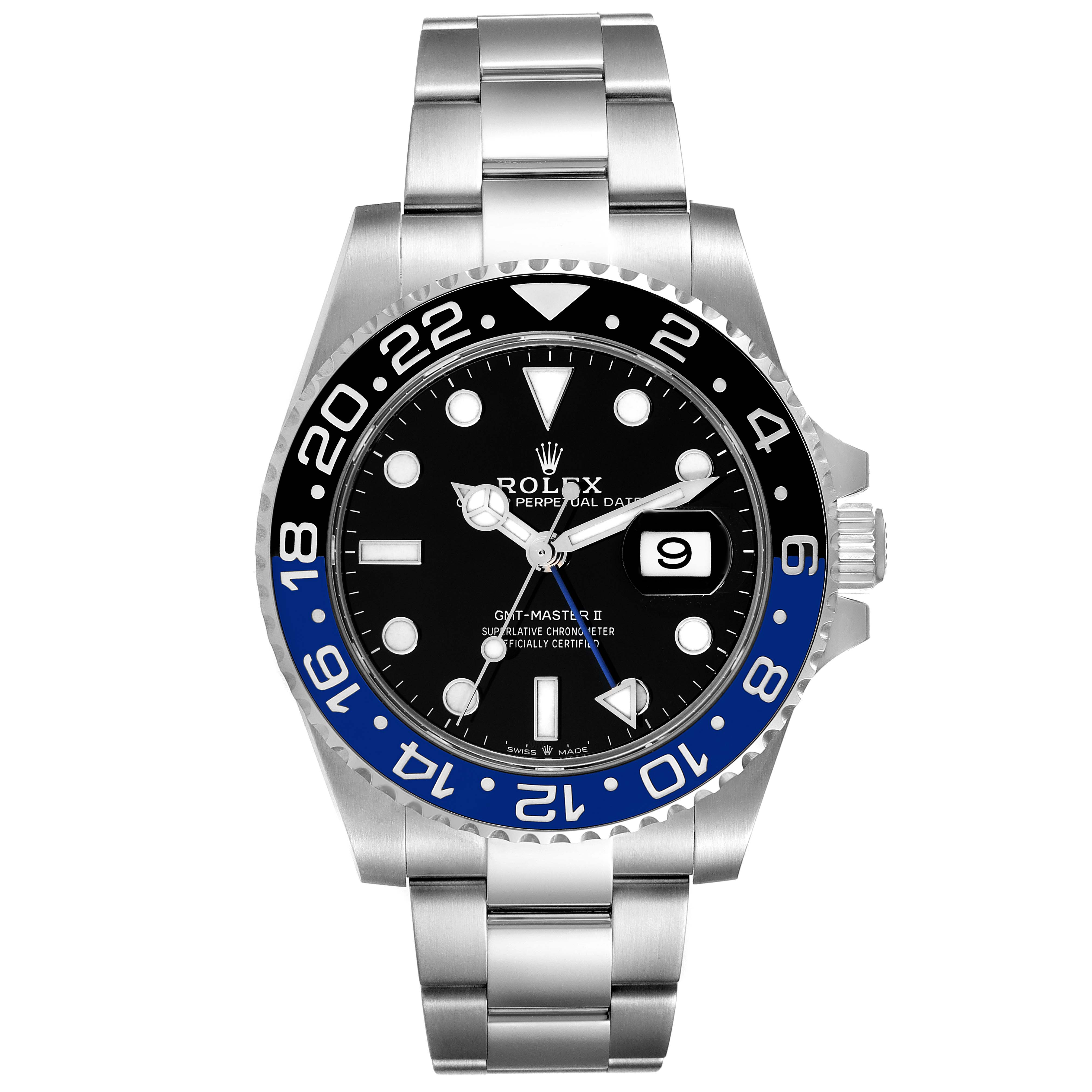 This image shows a frontal view of the Rolex GMT-Master 126710 Men's Stainless Steel Black Dial 126710 Men's Stainless Steel Black Dial II watch, displaying its dial, bezel, and bracelet.