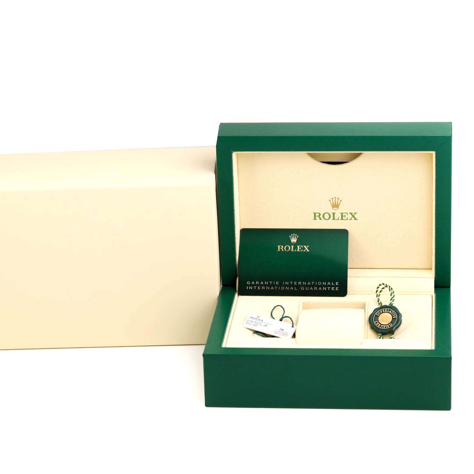 The image shows the opened packaging of a Rolex GMT-Master 126710 Men's Stainless Steel Black Dial 126710 Men's Stainless Steel Black Dial watch, including the international guarantee card and accessories.
