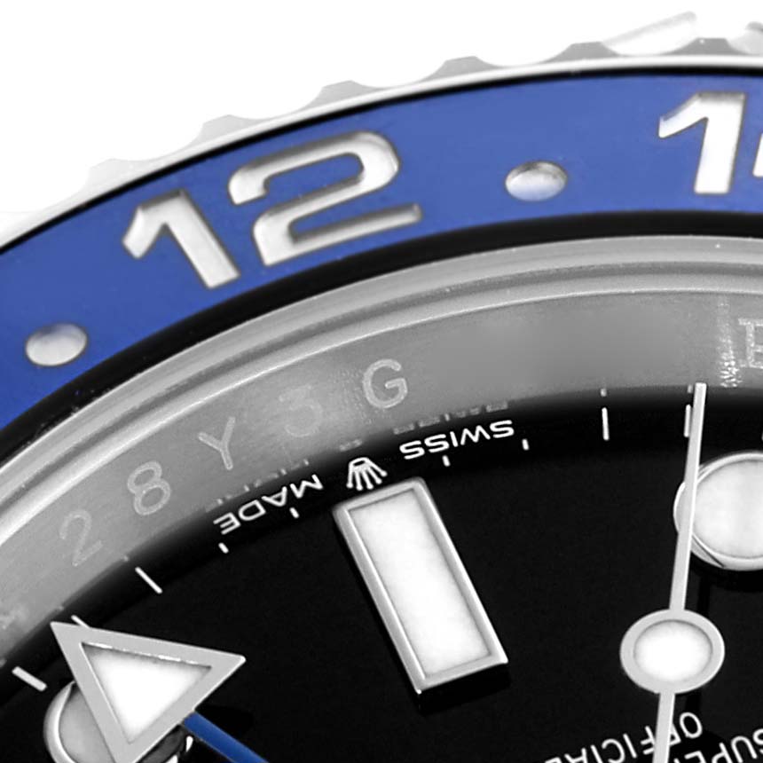 The close-up angle shows the dial, case, bezel, and part of the hands of the Rolex GMT-Master 126710 Men's Stainless Steel Black Dial 126710 Men's Stainless Steel Black Dial watch.