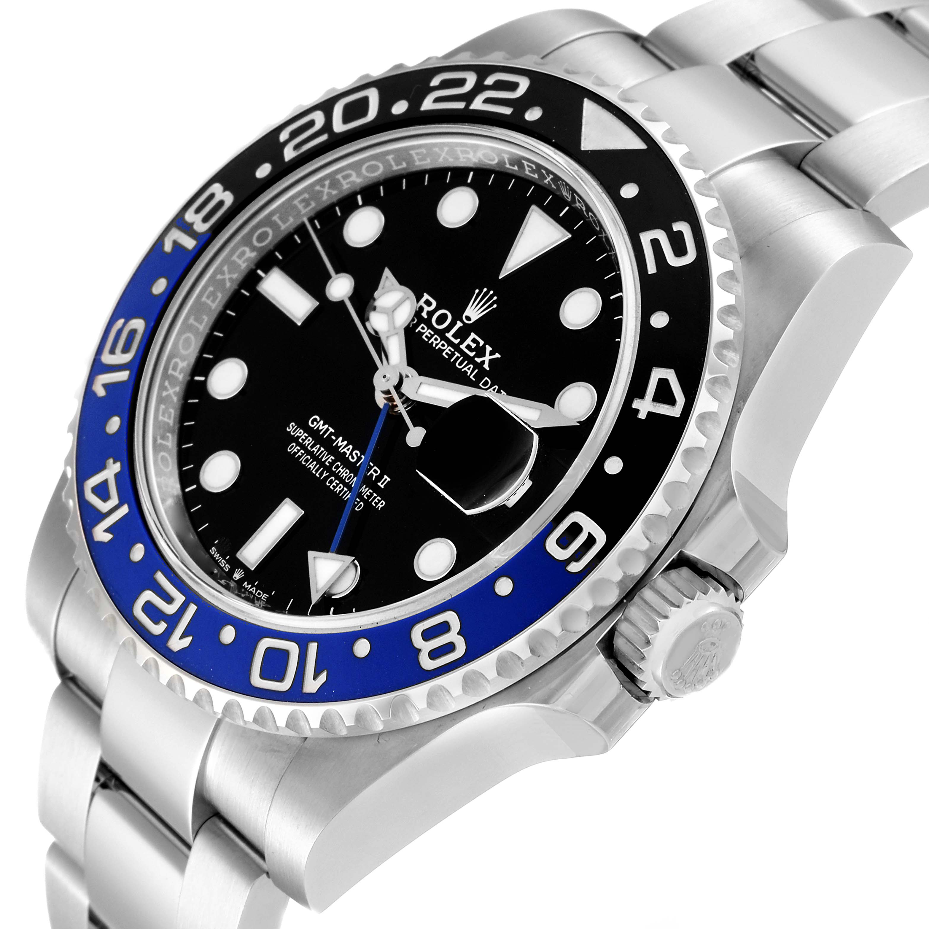 This image shows a Rolex GMT-Master 126710 Men's Stainless Steel Black Dial 126710 Men's Stainless Steel Black Dial II watch at a slight side angle, highlighting its dial, bezel, crown, and bracelet.