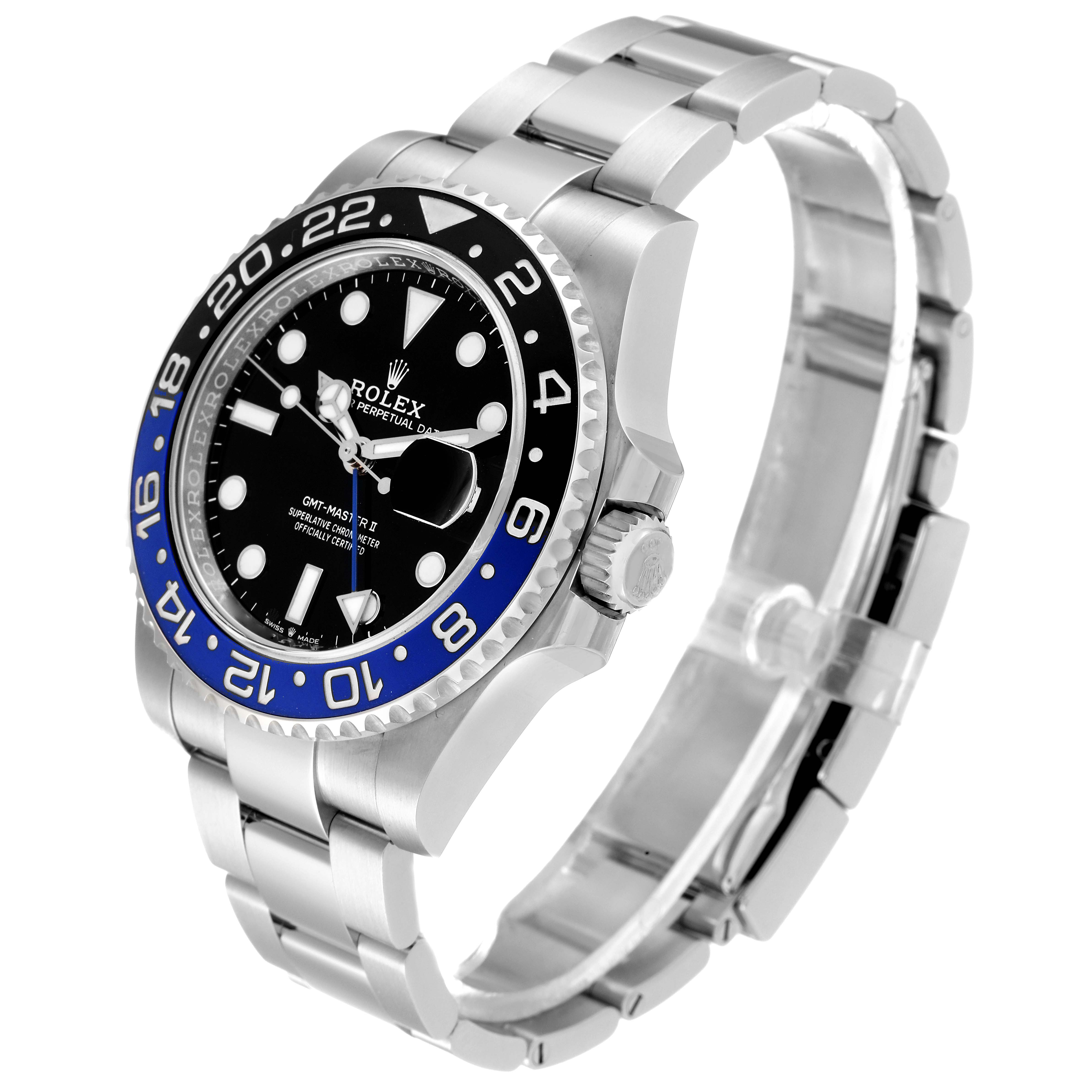 The image shows a side and angled view of the Rolex GMT-Master 126710 Men's Stainless Steel Black Dial 126710 Men's Stainless Steel Black Dial watch, highlighting the bezel, crown, dial, and bracelet.