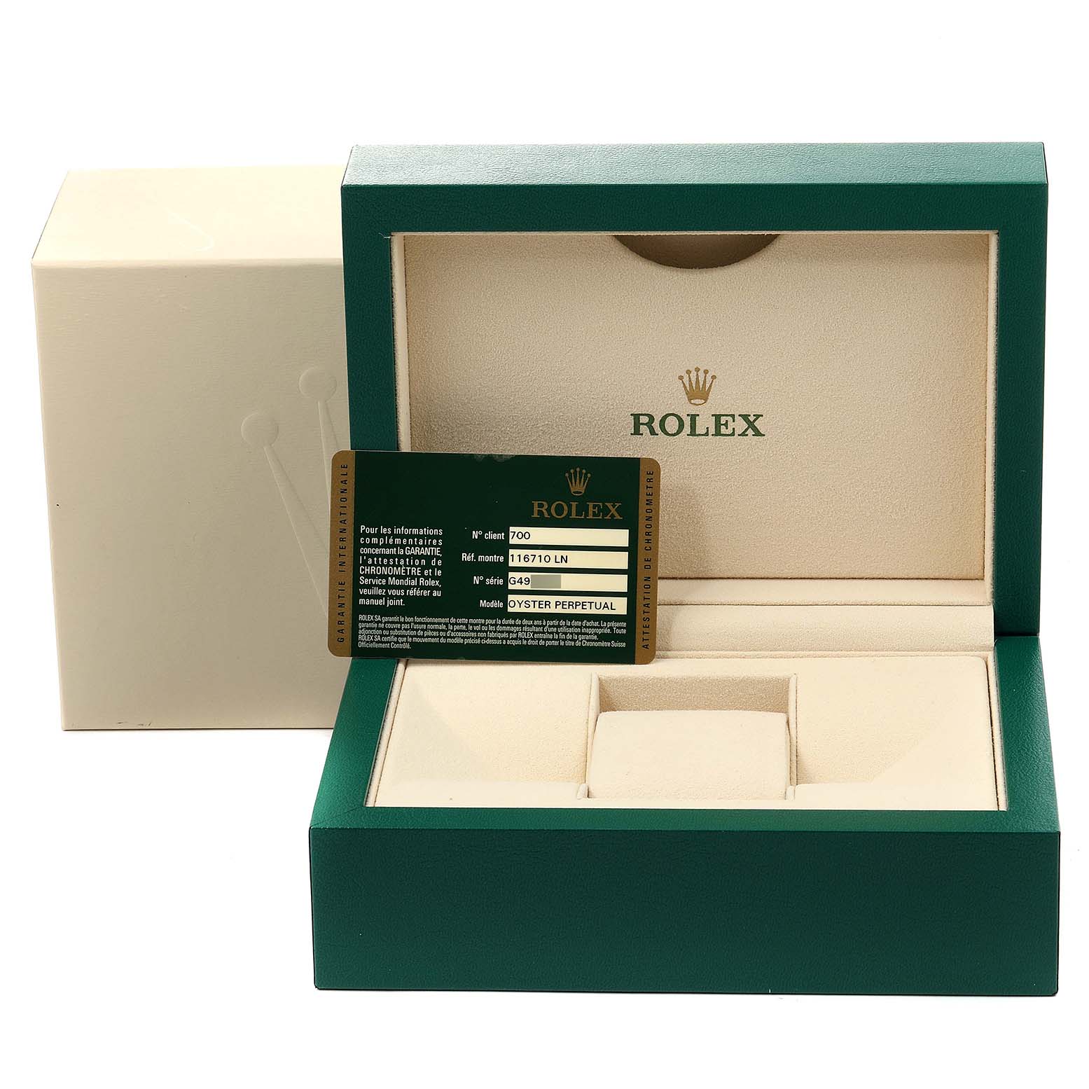 The image shows a Rolex GMT-Master 116710 Men
s Stainless Steel Black Dial 116710 Men
s Stainless Steel Black Dial watch box, open, with a warranty card displayed at the front.