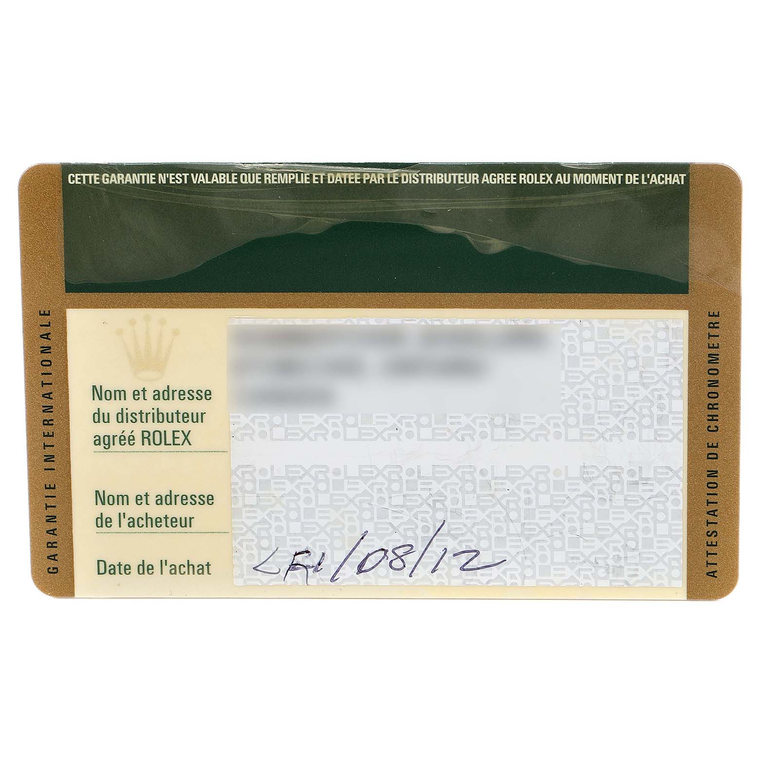 The image shows the guarantee card for a Rolex GMT-Master 116710 Men
s Stainless Steel Black Dial 116710 Men
s Stainless Steel Black Dial, featuring warranty-related information.