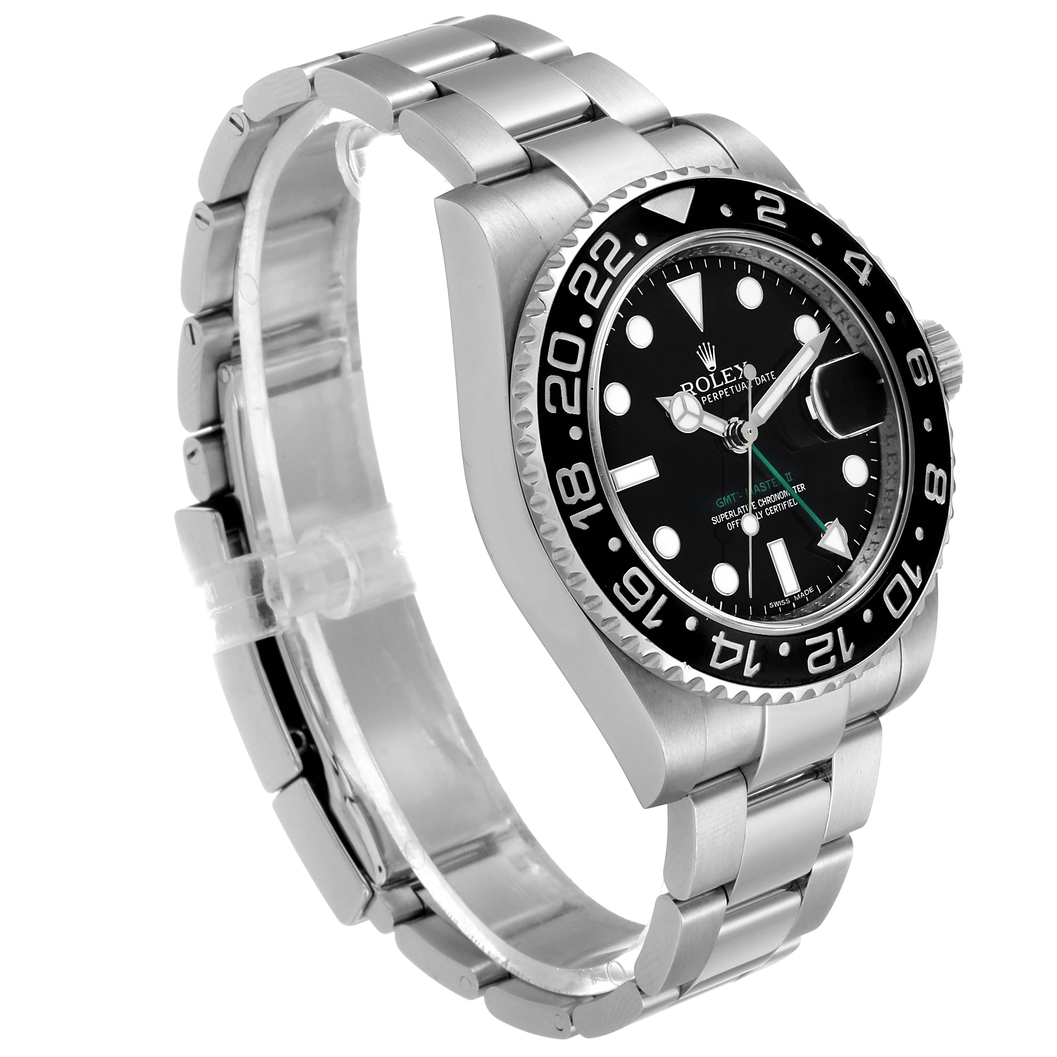 This image shows a side-angle view of a Rolex GMT-Master 116710 Men
s Stainless Steel Black Dial 116710 Men
s Stainless Steel Black Dial watch, featuring its bezel, dial, case, and bracelet.