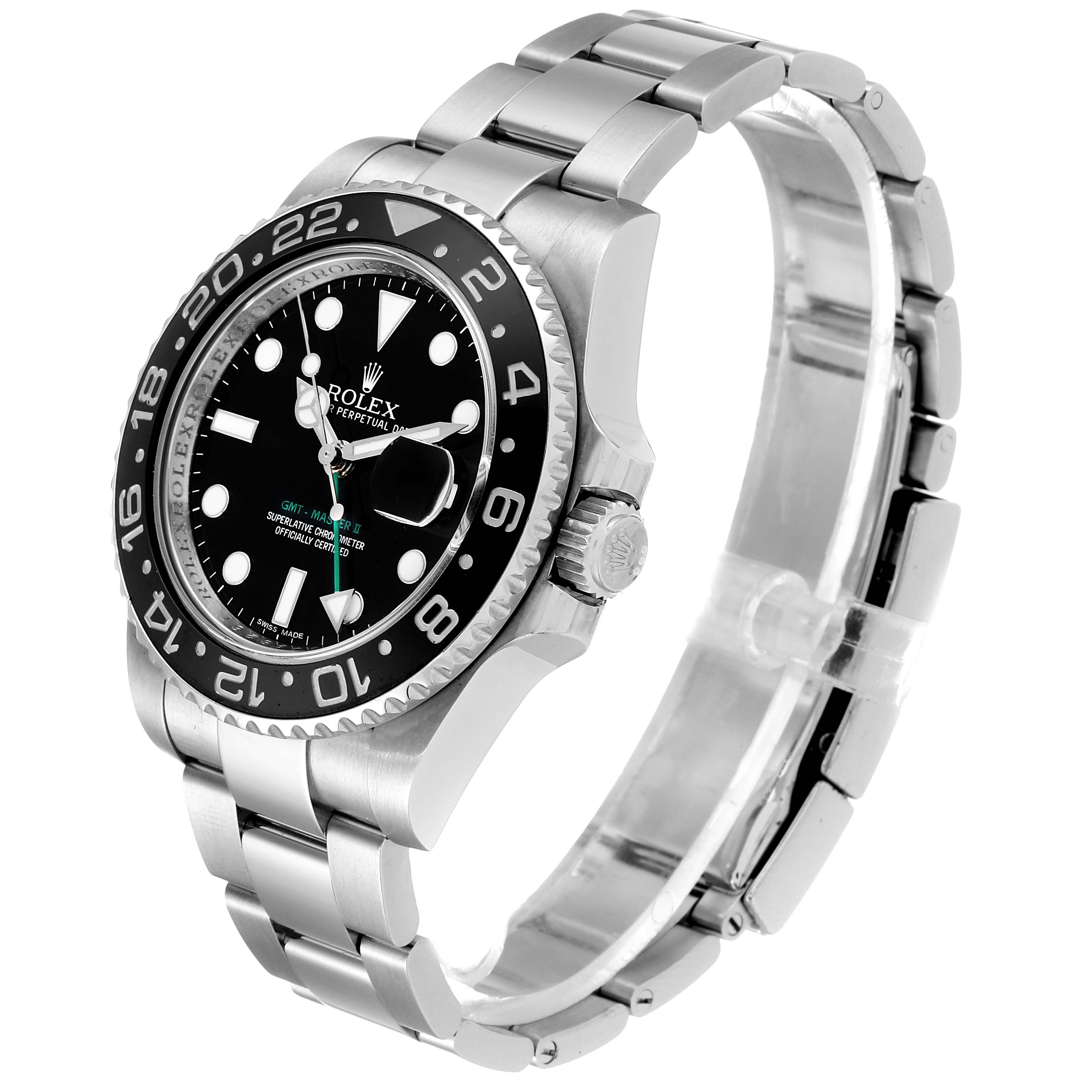 This image shows a side-angle view of the Rolex GMT-Master 116710 Men
s Stainless Steel Black Dial 116710 Men
s Stainless Steel Black Dial watch, displaying the dial, bezel, and bracelet.