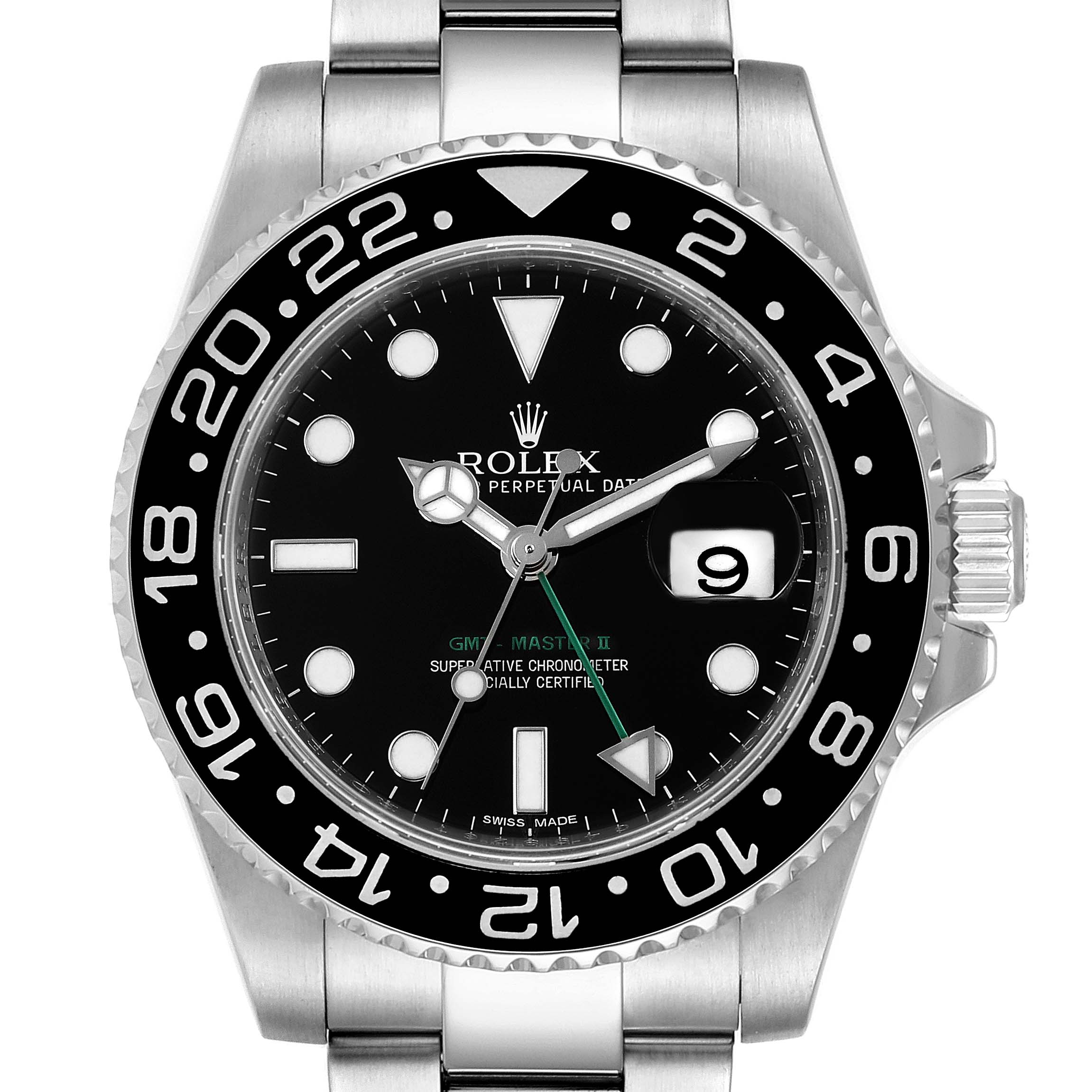 The image shows a front view of a Rolex GMT-Master 116710 Men
s Stainless Steel Black Dial 116710 Men
s Stainless Steel Black Dial II watch displaying the dial, bezel, and bracelet.