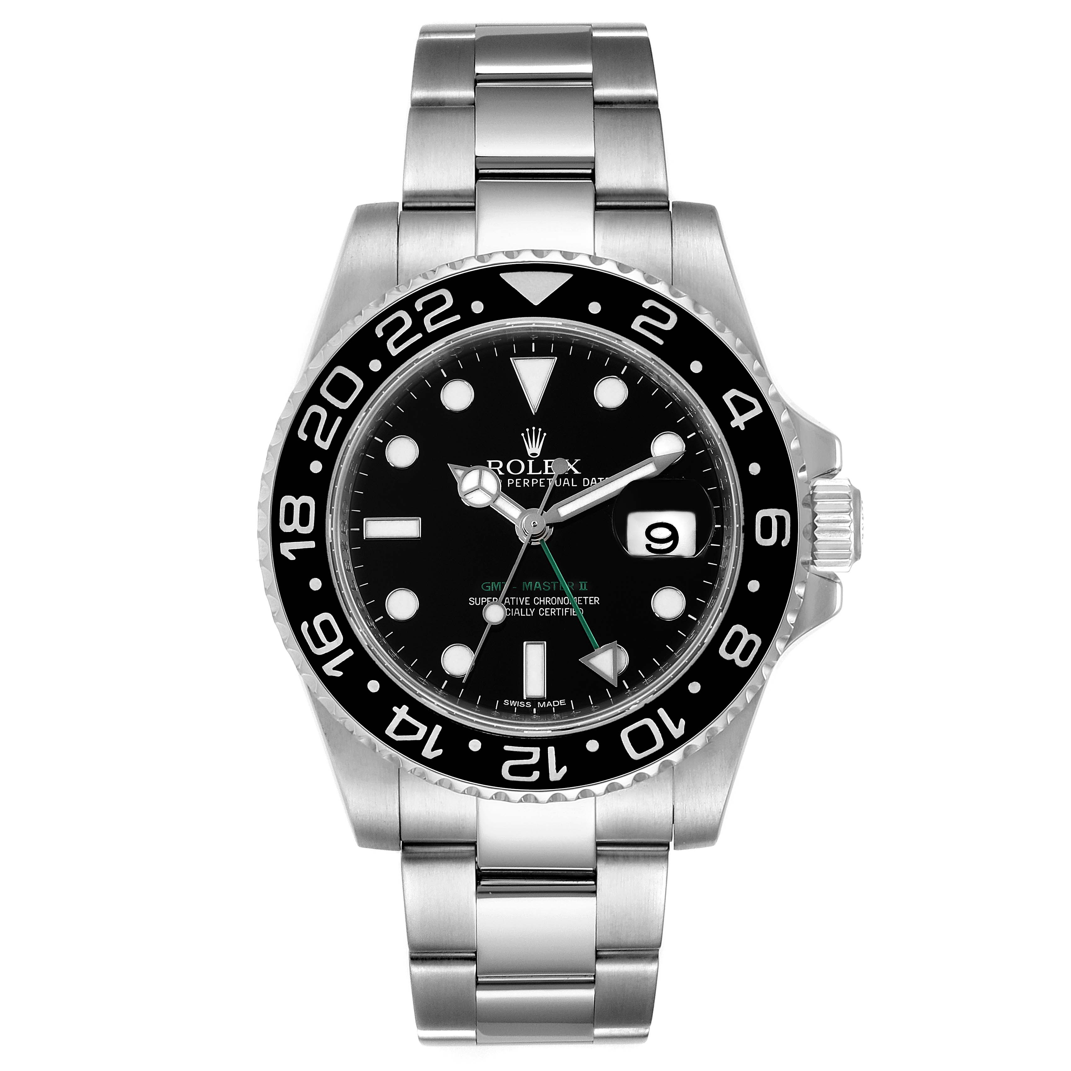 This image shows the Rolex GMT-Master 116710 Men
s Stainless Steel Black Dial 116710 Men
s Stainless Steel Black Dial model watch from a top-down angle, highlighting its face, bezel, and bracelet.