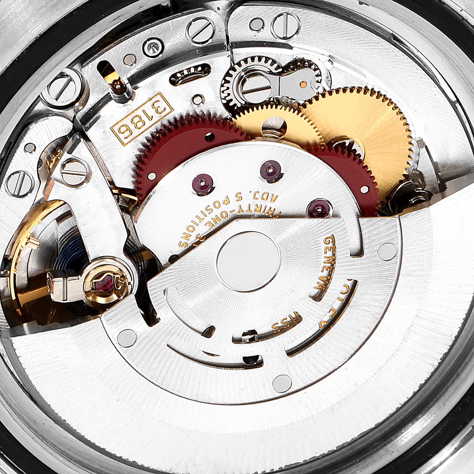 This image shows a close-up of the movement (caliber 3186) of a Rolex GMT-Master 116710 Men
s Stainless Steel Black Dial 116710 Men
s Stainless Steel Black Dial watch, highlighting the gears and mechanical components.