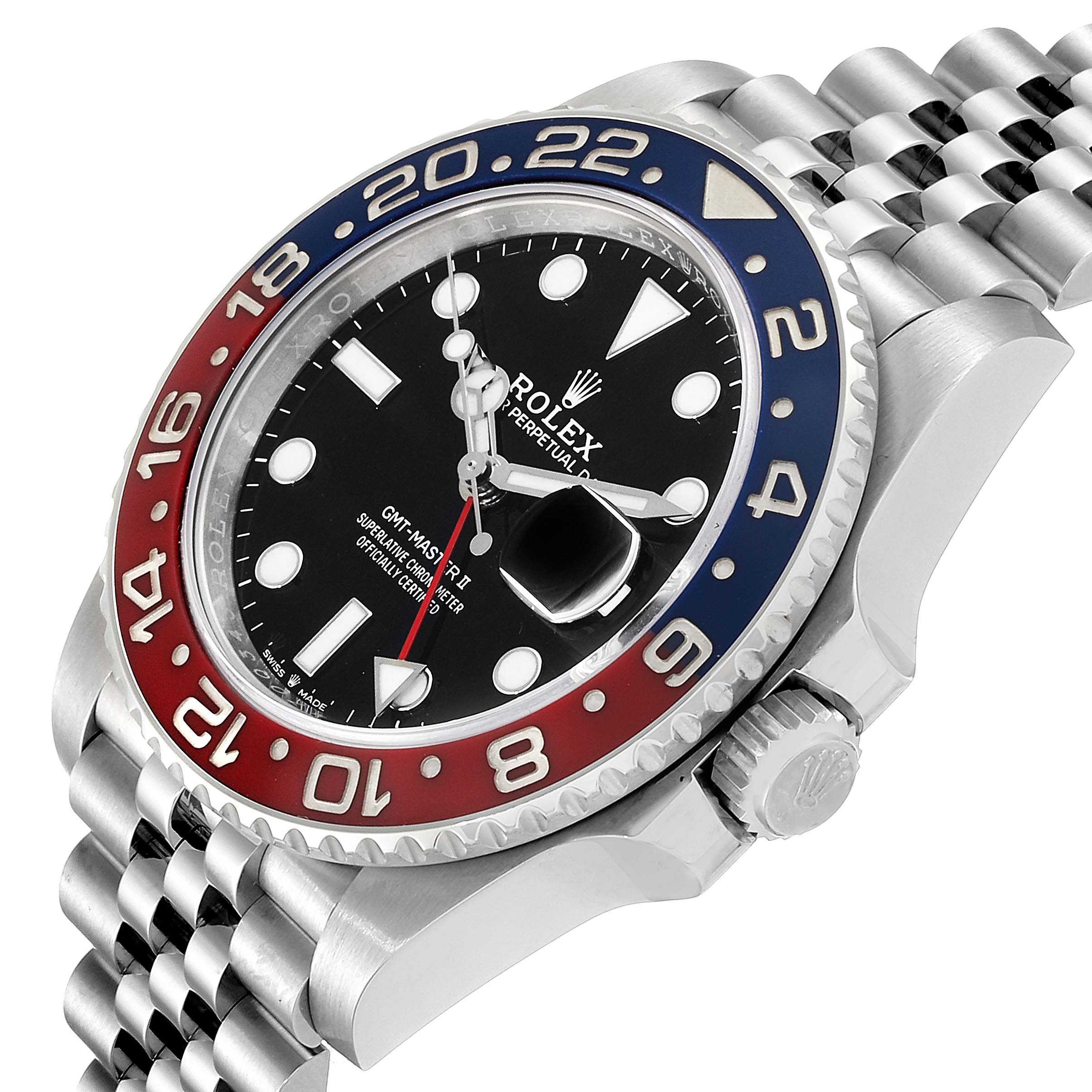 The Rolex GMT-Master 126710 Men
s Stainless Steel Black Dial 126710 Men
s Stainless Steel Black Dial watch is shown in a three-quarter angle, highlighting its bezel, dial, crown, and part of the bracelet.
