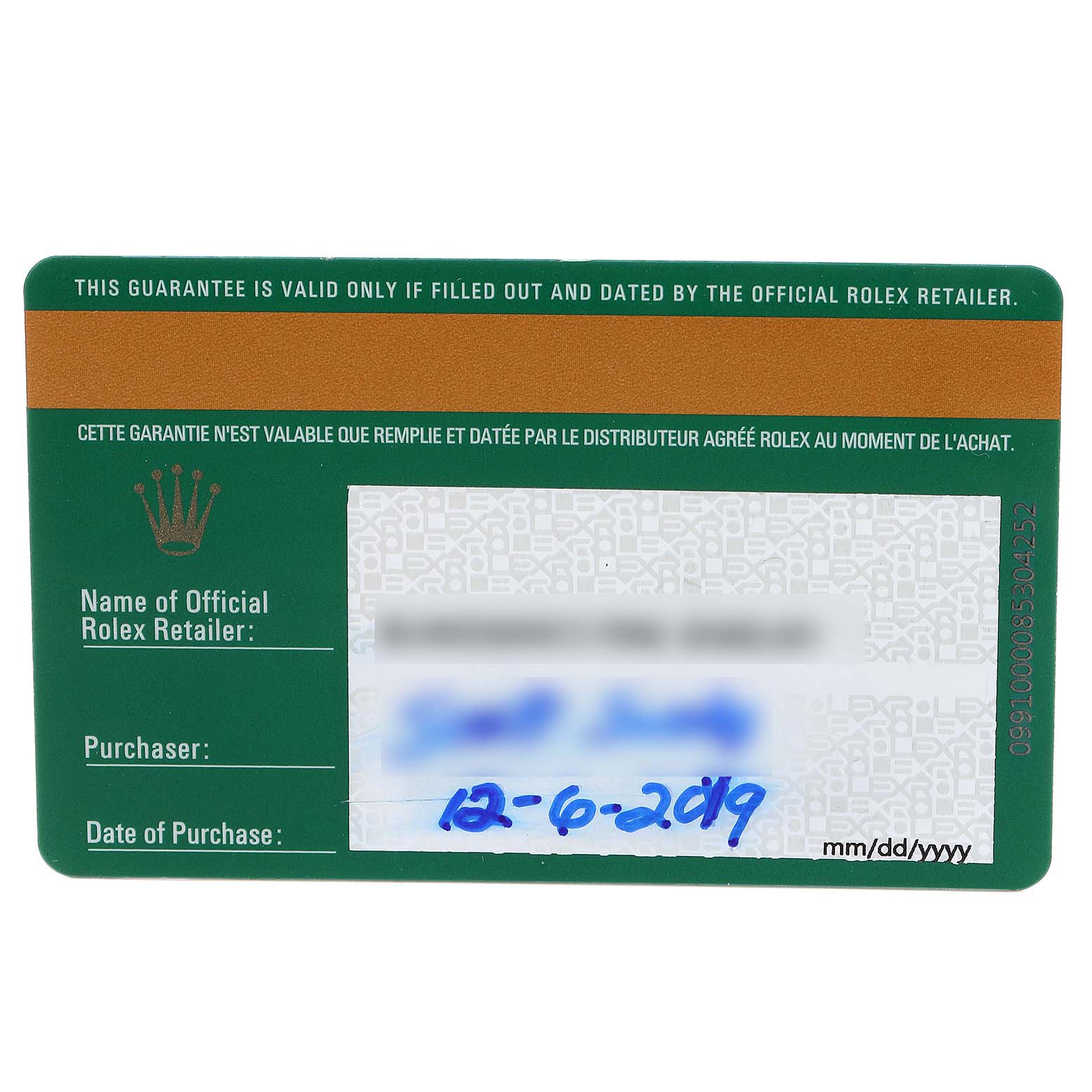 This shows the warranty card of a Rolex GMT-Master 126710 Men
s Stainless Steel Black Dial 126710 Men
s Stainless Steel Black Dial watch.