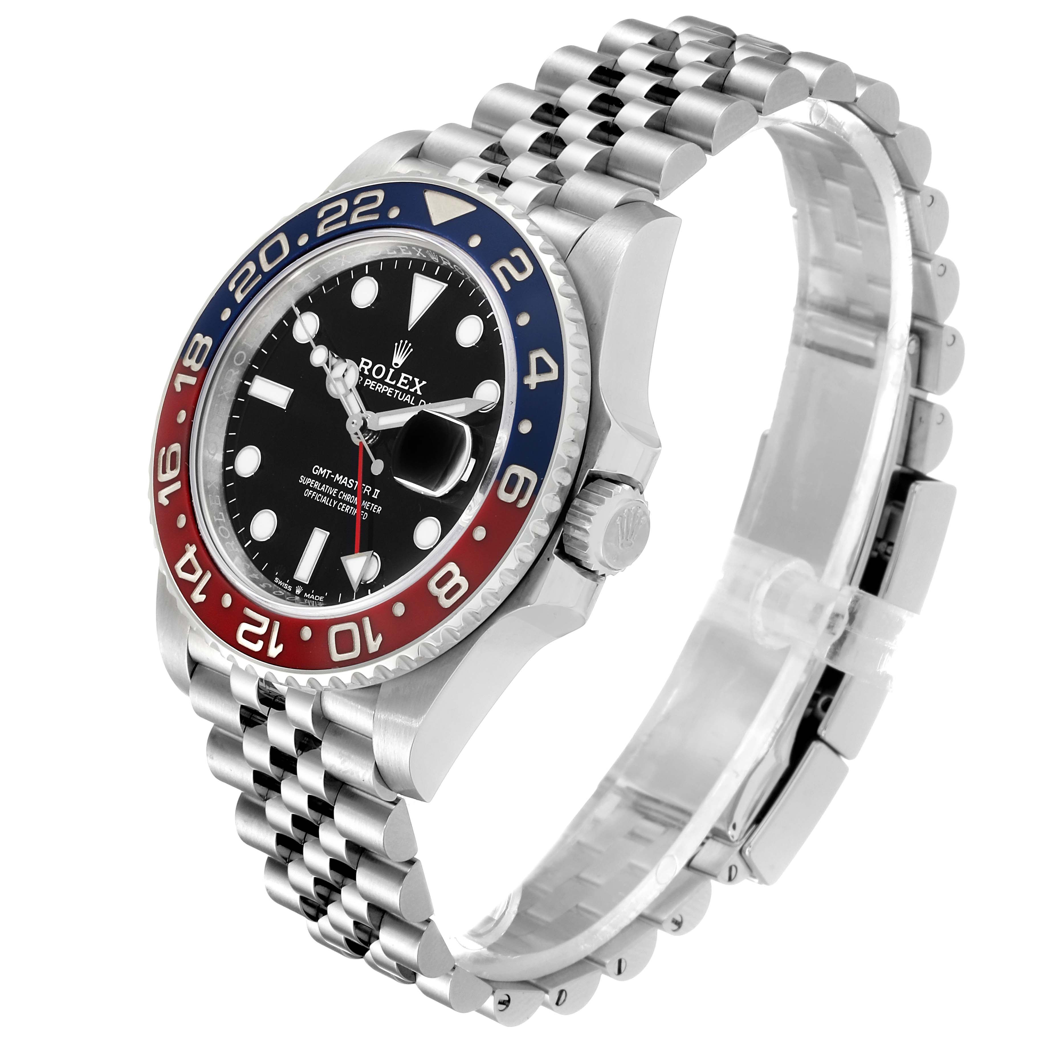 The image shows a Rolex GMT-Master 126710 Men
s Stainless Steel Black Dial 126710 Men
s Stainless Steel Black Dial watch at a three-quarter angle, highlighting the dial, bezel, and bracelet.