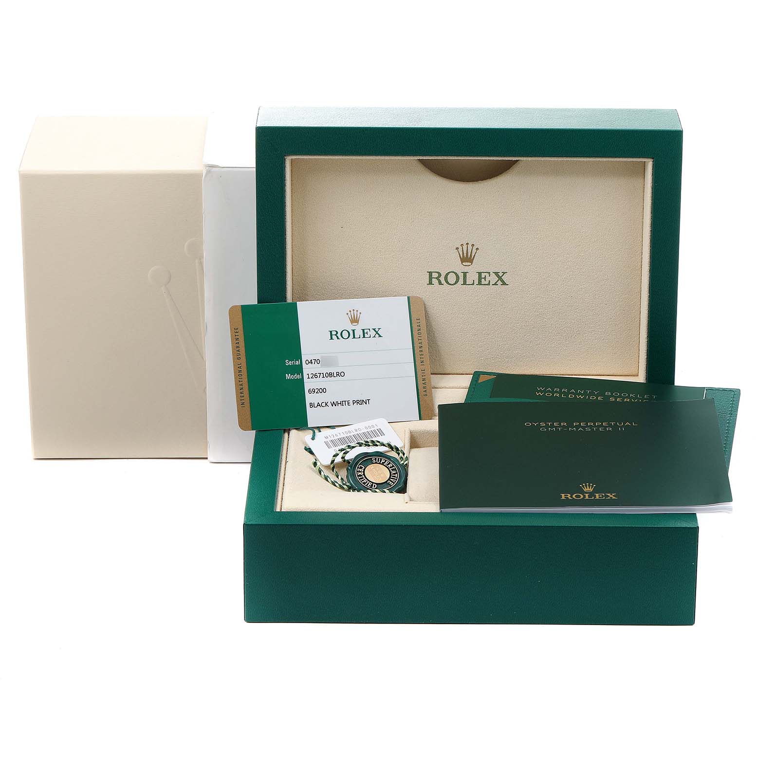 The image shows the packaging, warranty card, and booklets for a Rolex GMT-Master 126710 Men
s Stainless Steel Black Dial 126710 Men
s Stainless Steel Black Dial watch, viewed from the front.