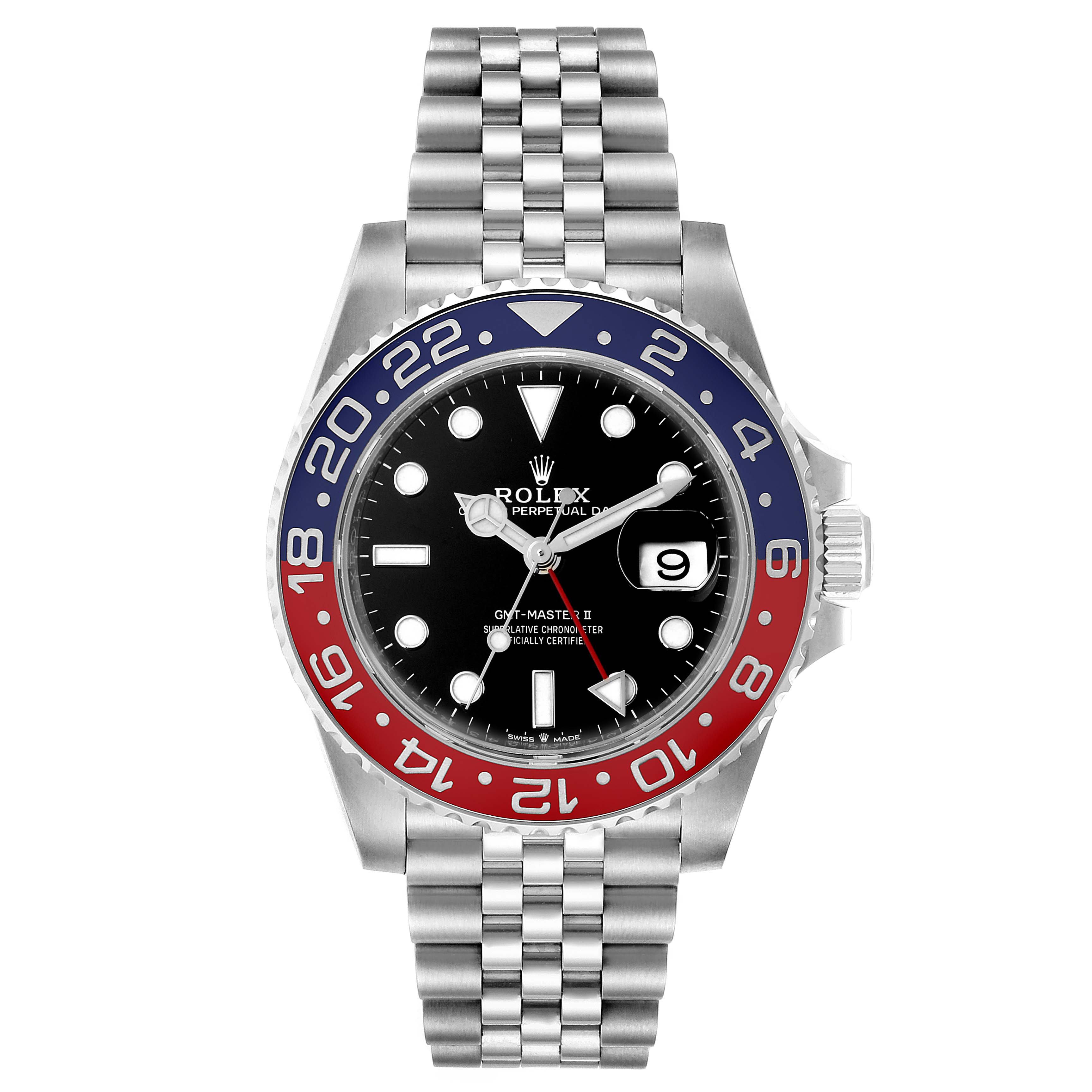 The image shows a front view of a Rolex GMT-Master 126710 Men
s Stainless Steel Black Dial 126710 Men
s Stainless Steel Black Dial watch with a red and blue bezel and a stainless steel bracelet.
