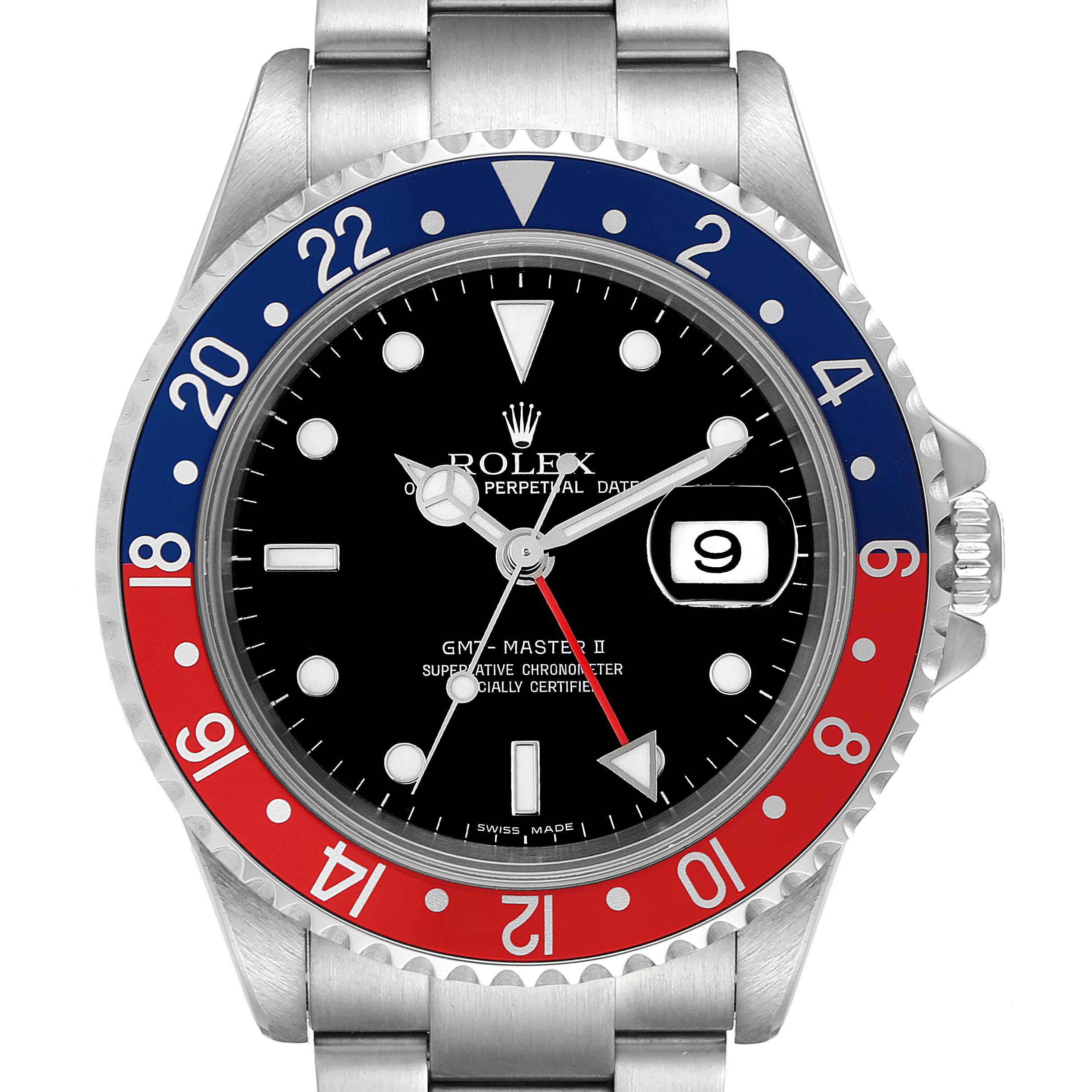 This image shows a front view of a Rolex GMT-Master 16710 Men
s Stainless Steel Black Dial 16710 Men
s Stainless Steel Black Dial II watch, highlighting its dial, bezel, hands, and bracelet.