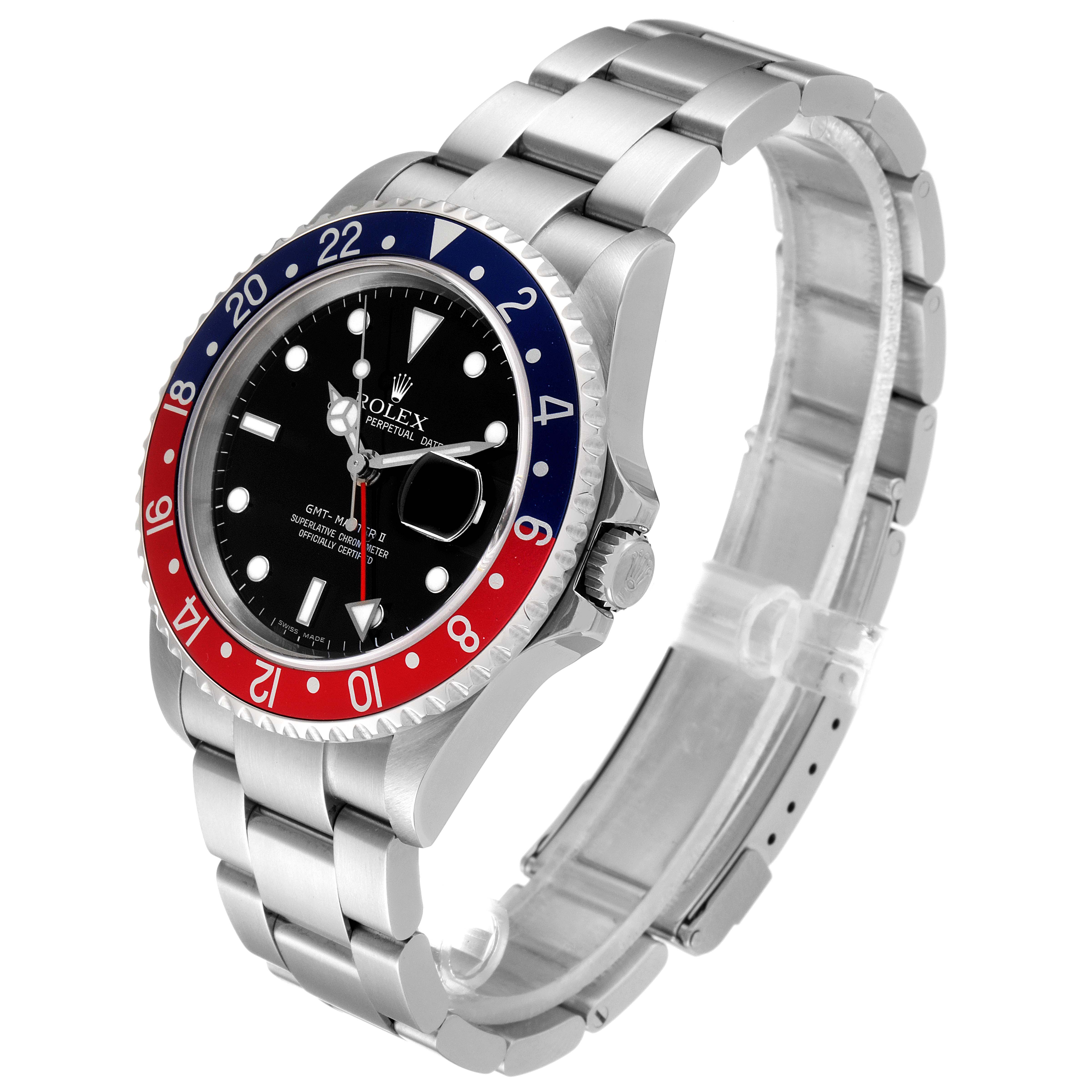 The Rolex GMT-Master 16710 Men
s Stainless Steel Black Dial 16710 Men
s Stainless Steel Black Dial watch is shown at an angle highlighting the face, bezel, and bracelet.