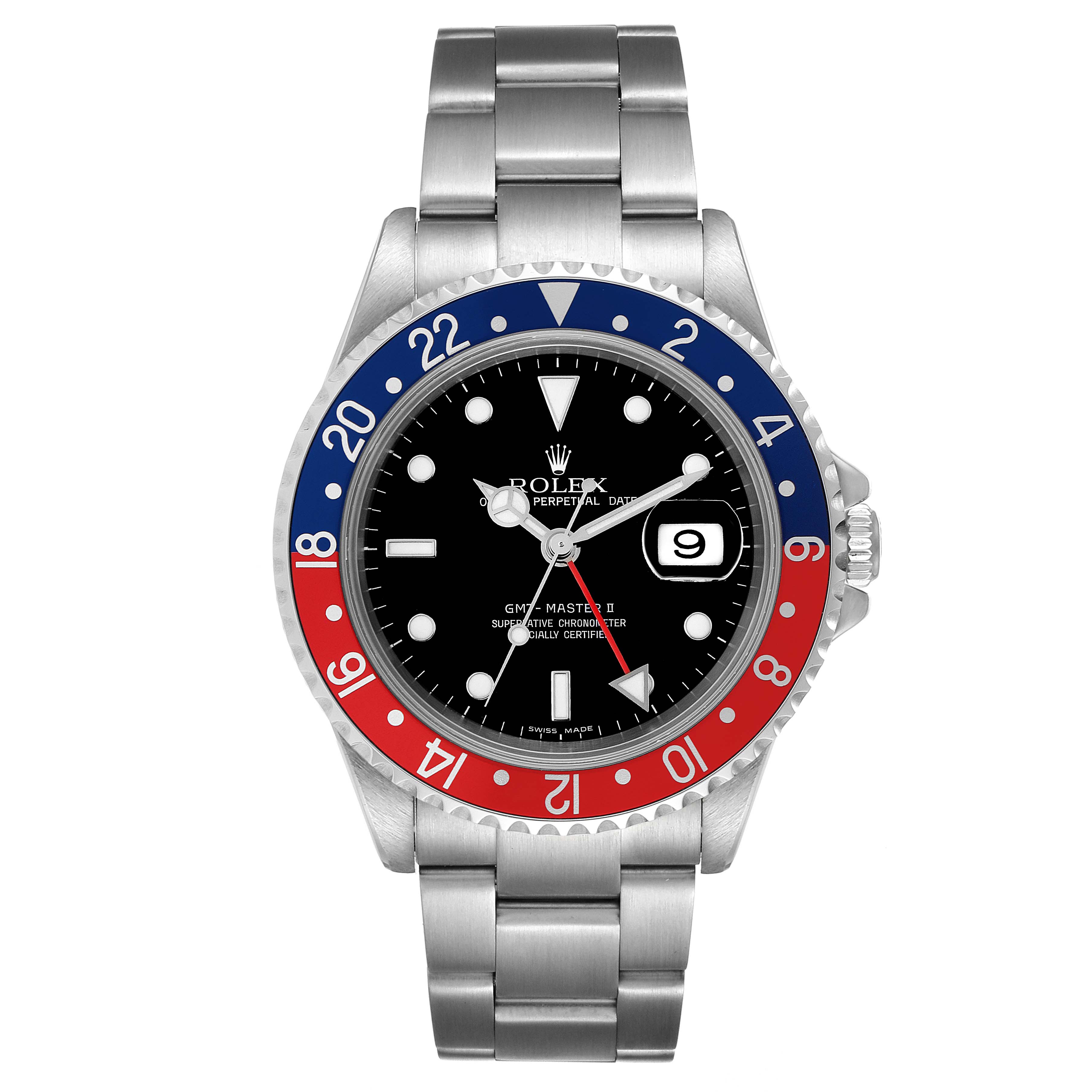 The image shows a front view of the Rolex GMT-Master 16710 Men
s Stainless Steel Black Dial 16710 Men
s Stainless Steel Black Dial II watch, displaying its bezel, dial, hands, date window, and bracelet.