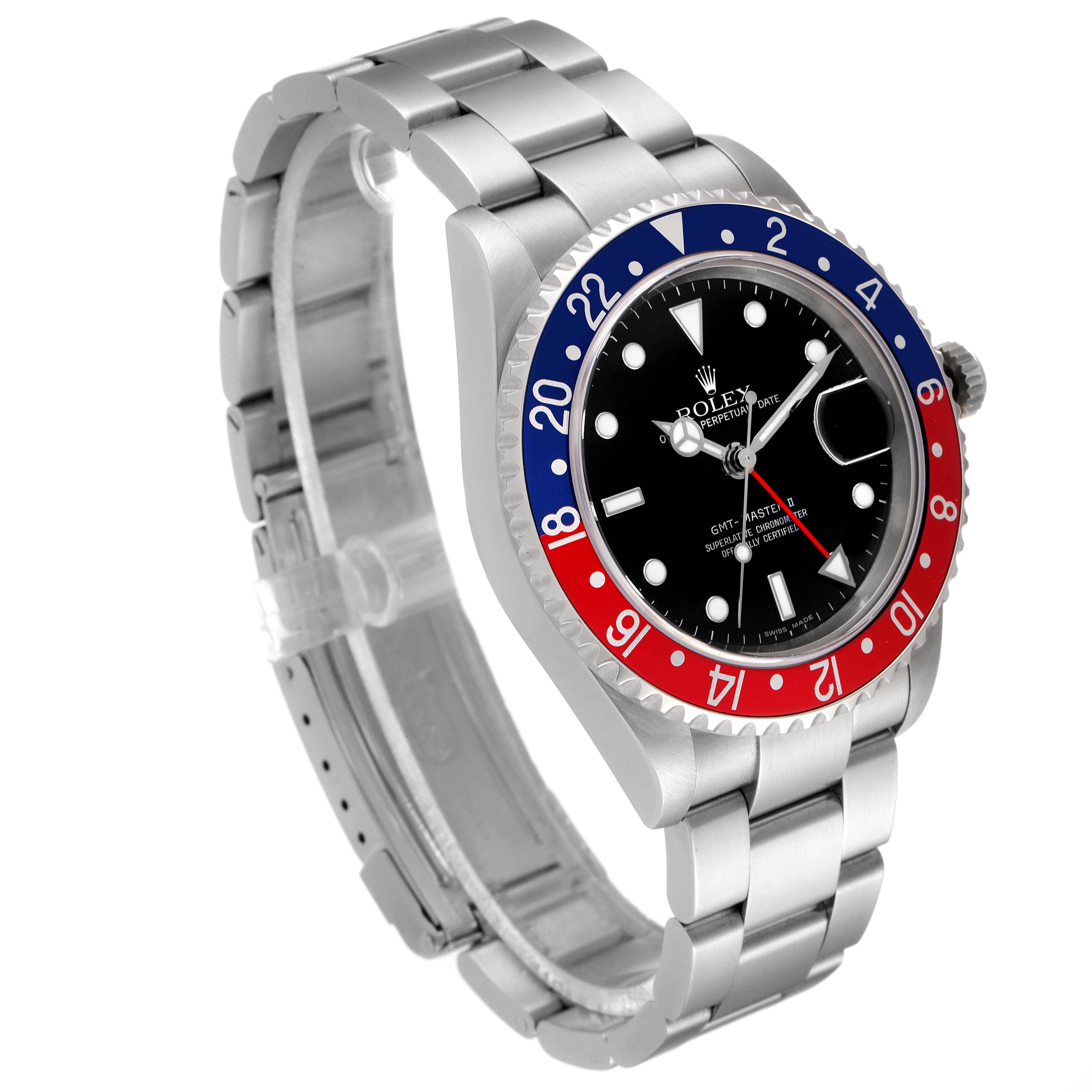 The image shows a Rolex GMT-Master 16710 Men
s Stainless Steel Black Dial 16710 Men
s Stainless Steel Black Dial watch angled from the upper left, highlighting the bezel, face, and bracelet.