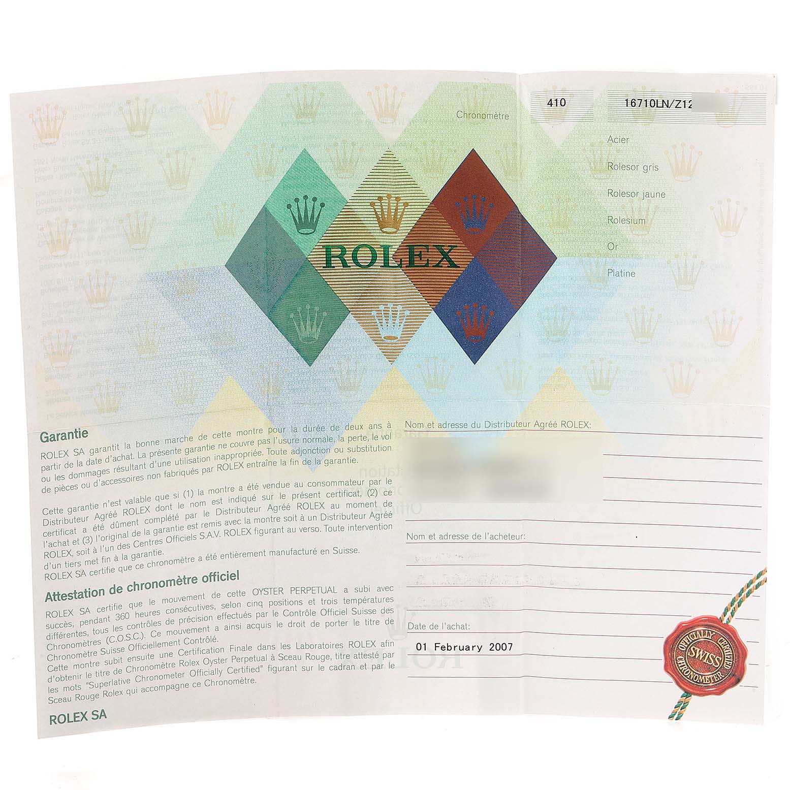 The image shows the warranty certificate and documentation for a Rolex GMT-Master 16710 Men
s Stainless Steel Black Dial 16710 Men
s Stainless Steel Black Dial watch.